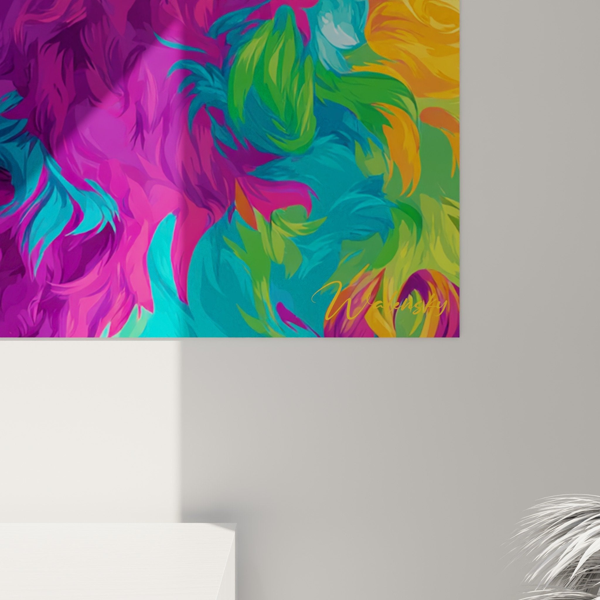 Übersicht des farbenfrohen Pop-Art-Gemäldes Bichon Havanese in einem zeitgenössischen Interieur