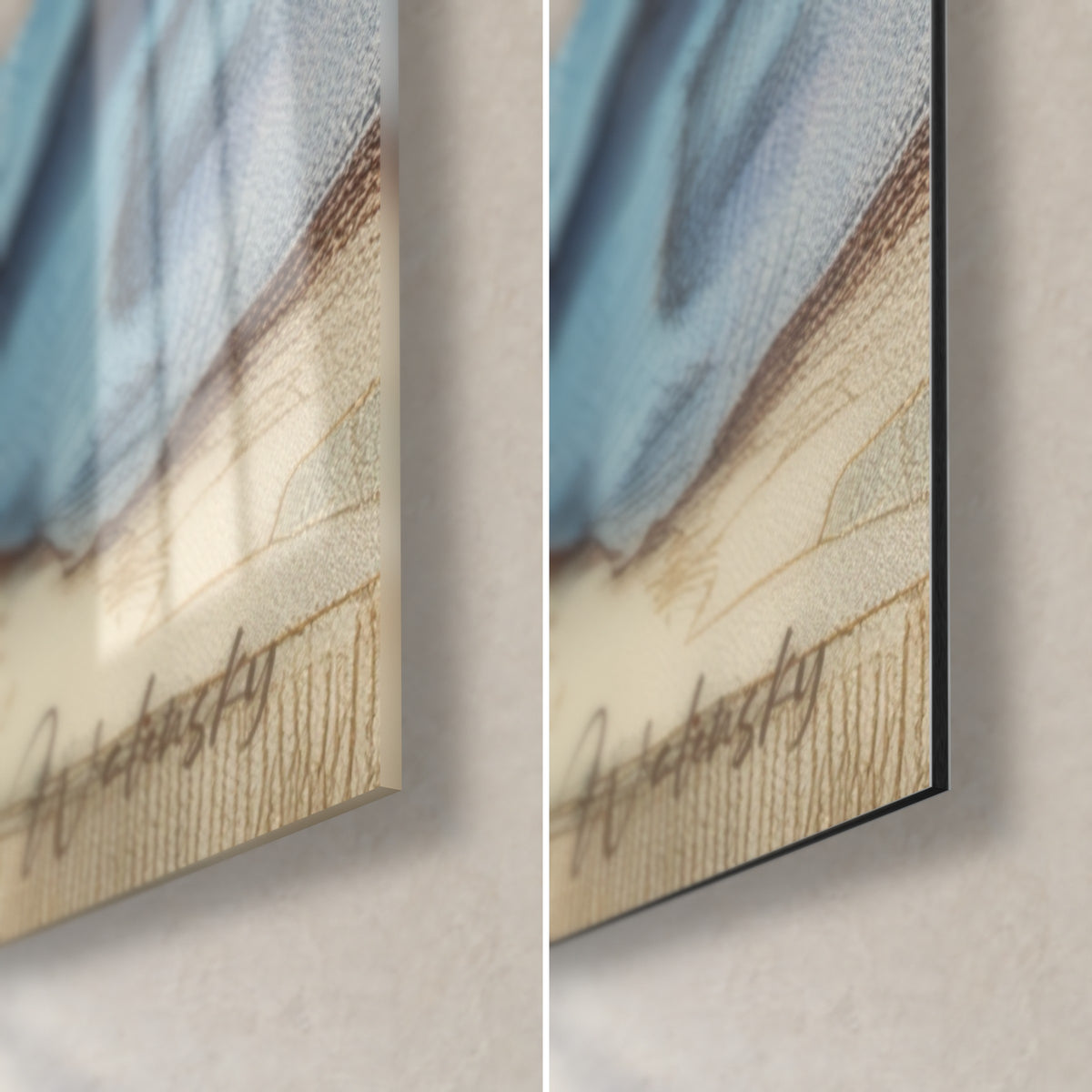 Gemälde Welpe in Creme auf blauem Kissen, untere rechte Ecke: glänzendes Acrylglas links, mattschwarzes Alu-Dibond rechts, 3 mm Kante