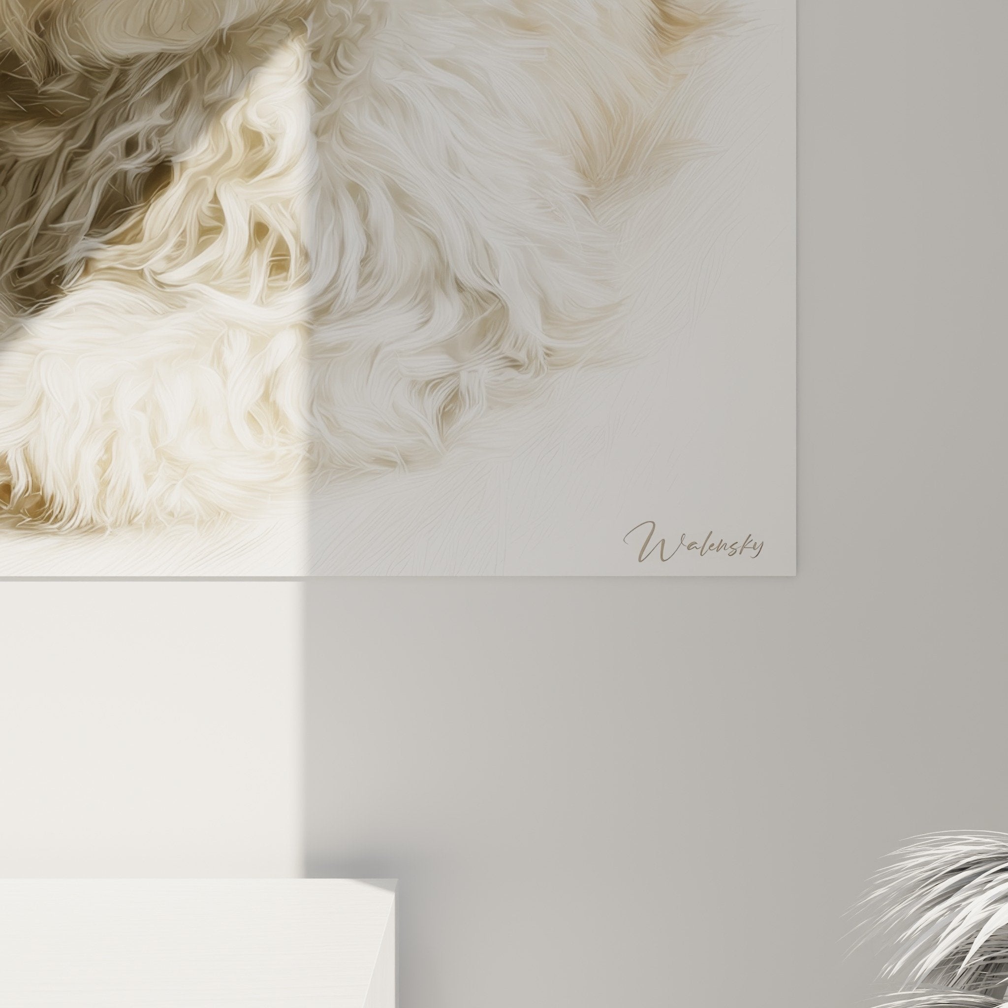 Vue ensemble tableau Bichon Havanais portrait chien salon decoration murale art animalier tons chauds
