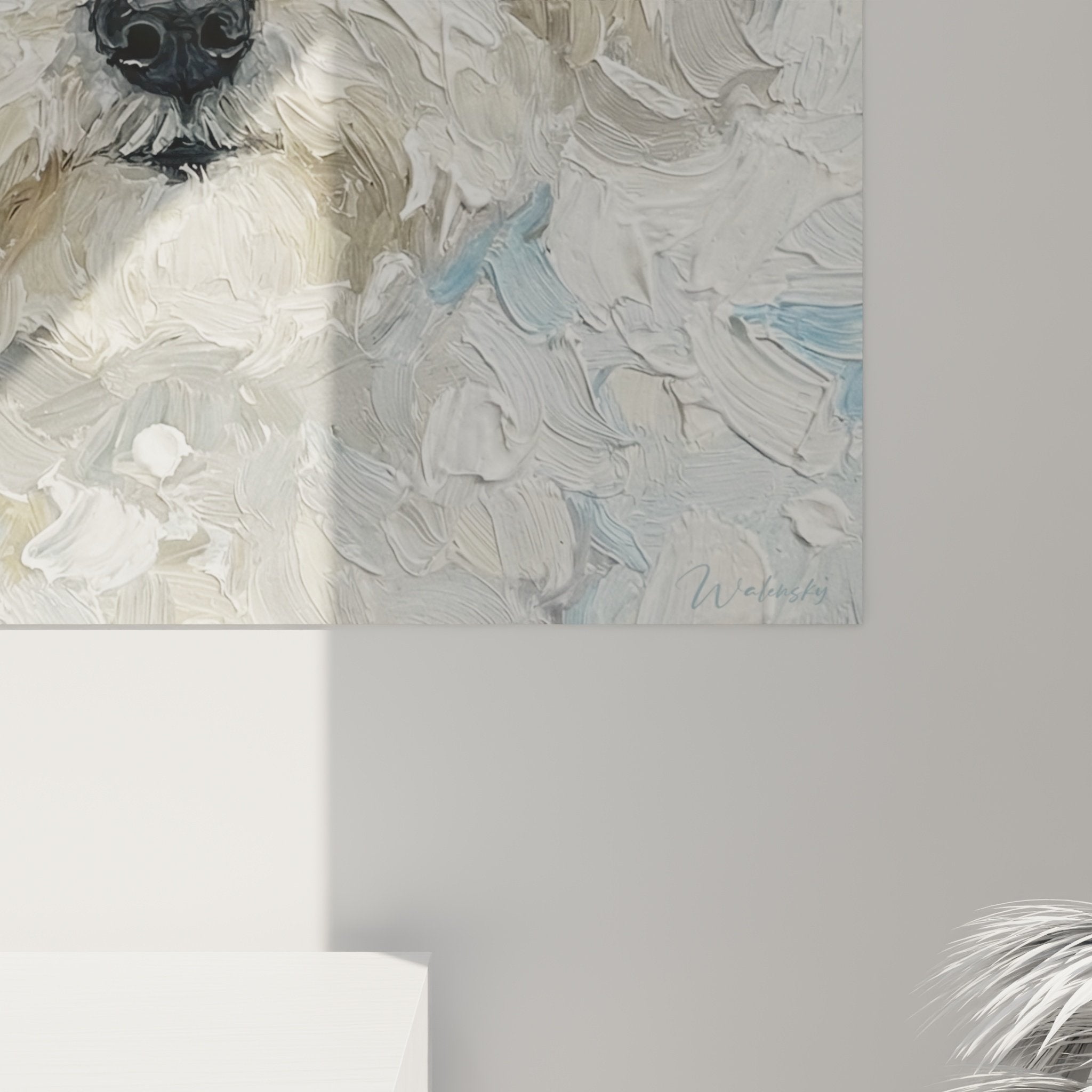 Full view Maltese Bichon portrait painting cream white interior decoration animal wall art