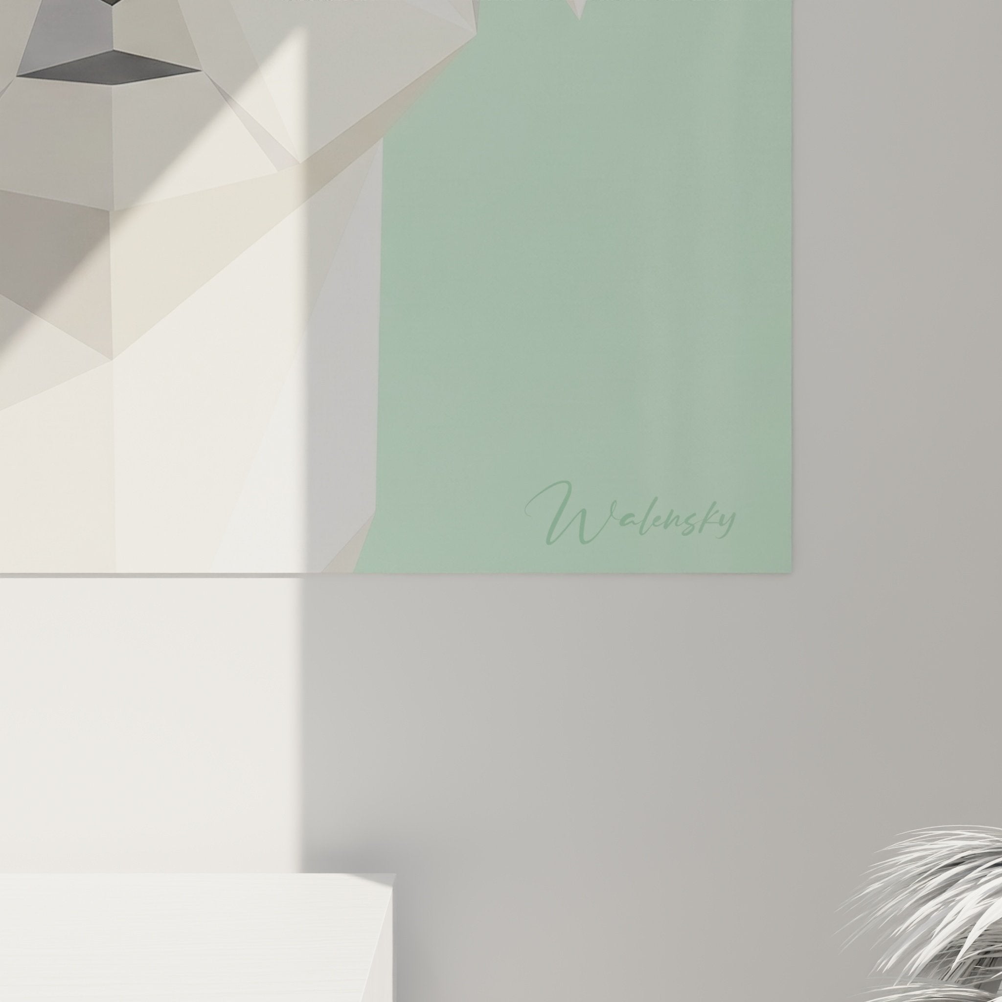 Vue ensemble tableau Bichon Maltais moderne art polygonal blanc vert pastel décoration intérieur