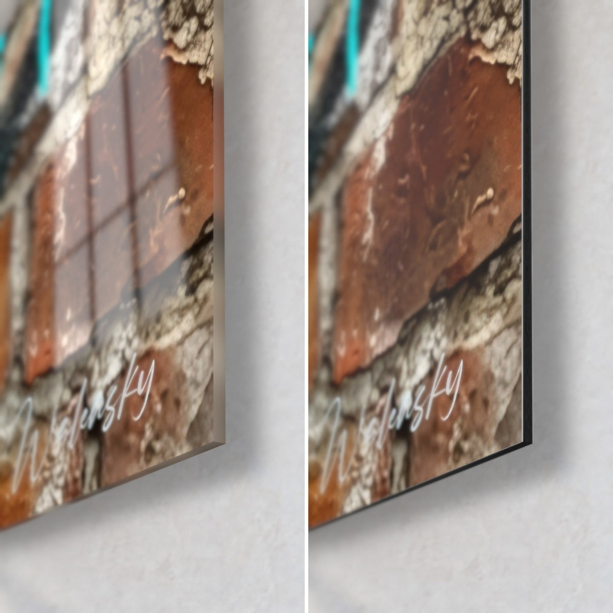 Wall art Maltese graffiti, bottom right corner: glossy glass and matte Dibond, brown bricks, visible 3 mm edge