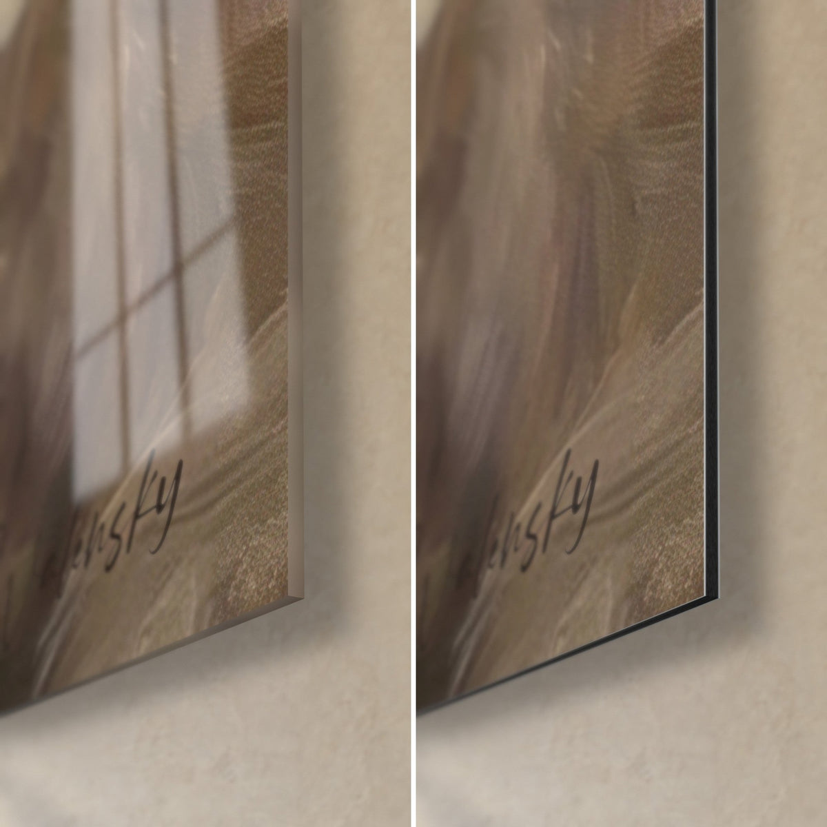 Wall art of a Maltese puppy in oil painting, bottom right corner: glossy glass with brown reflections, matte black Dibond, 3 mm edge