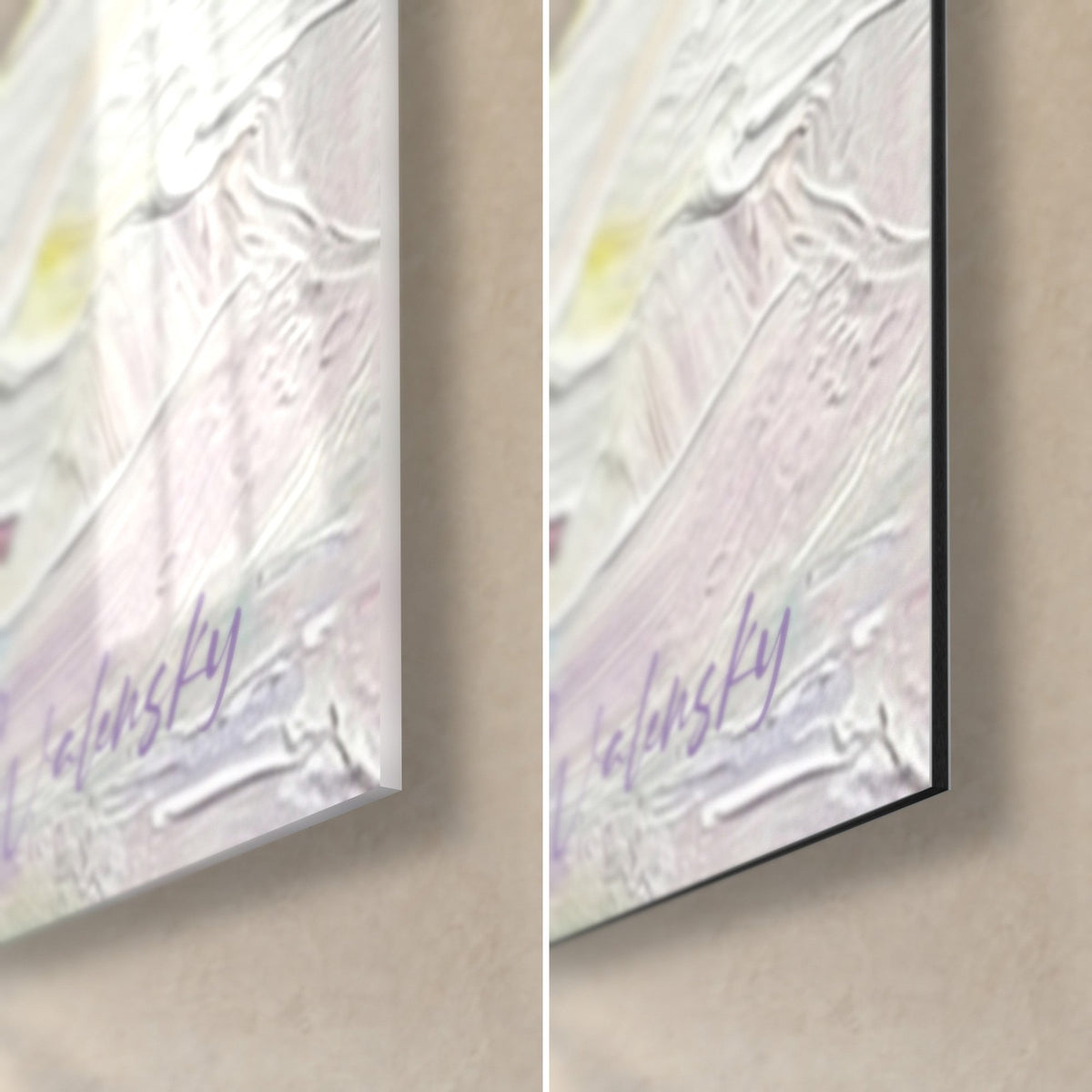 Tableau chiot blanc peint à l'huile, coin bas droit : verre acrylique brillant à gauche, Dibond mat noir à droite