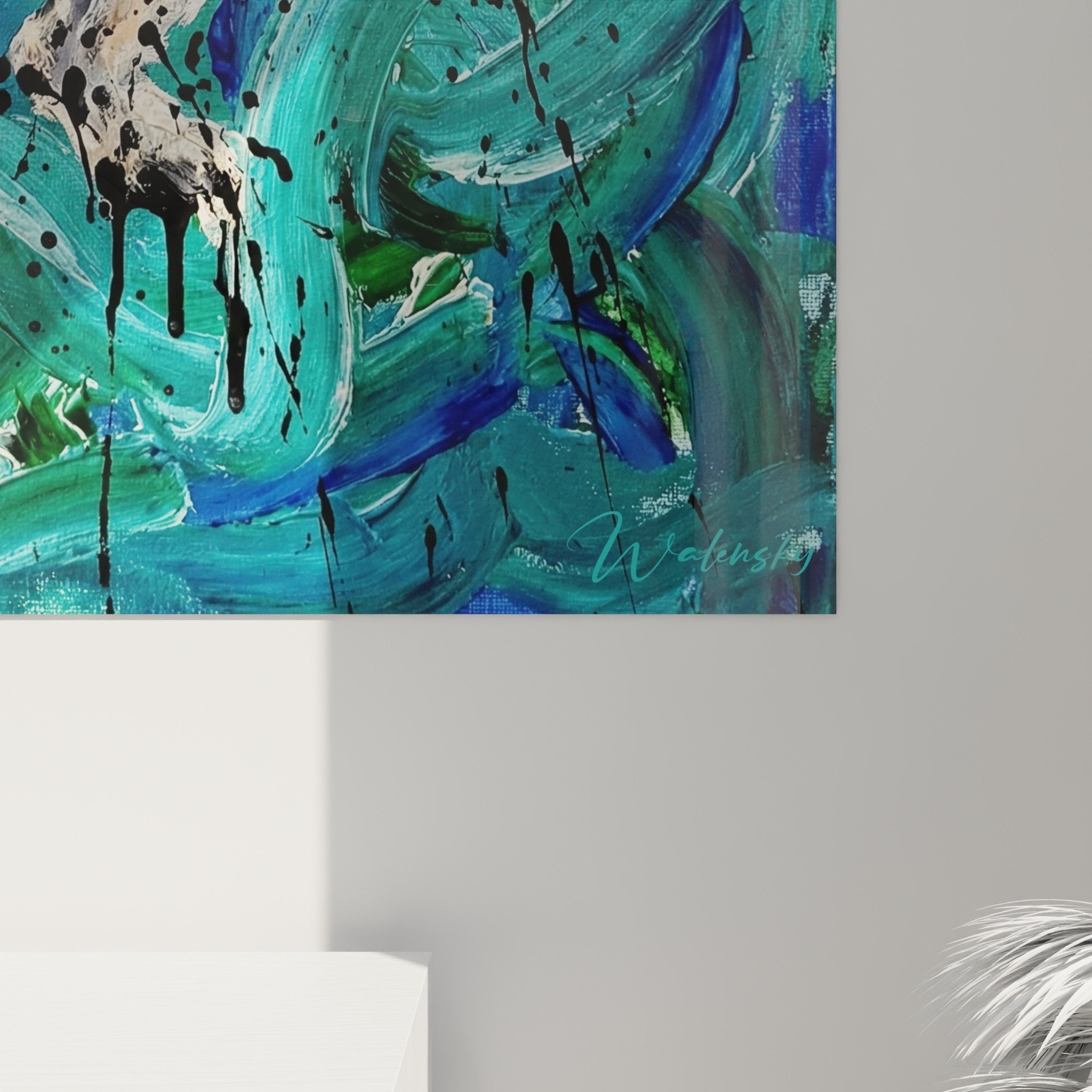 Gesamtansicht Gemälde Malteser zeitgenössische Kunst blauer Wirbel moderne Innenraumdekoration