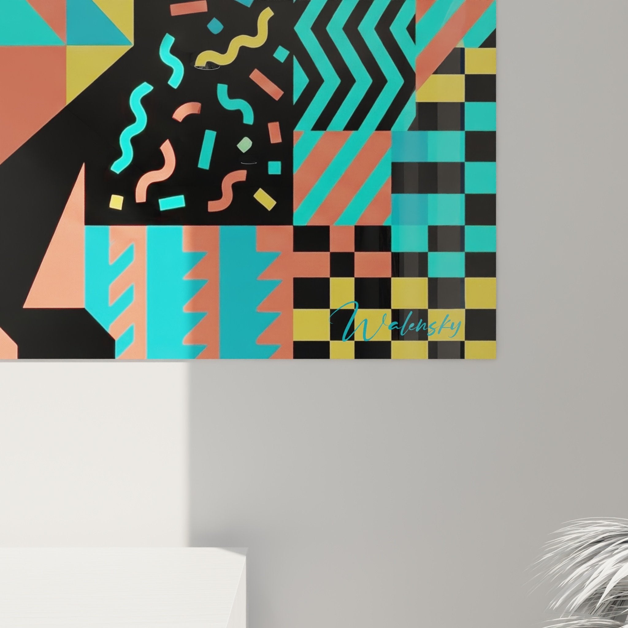 Vue ensemble tableau Bichon Maltais art moderne mosaique geometrique couleurs vives decoration interieur