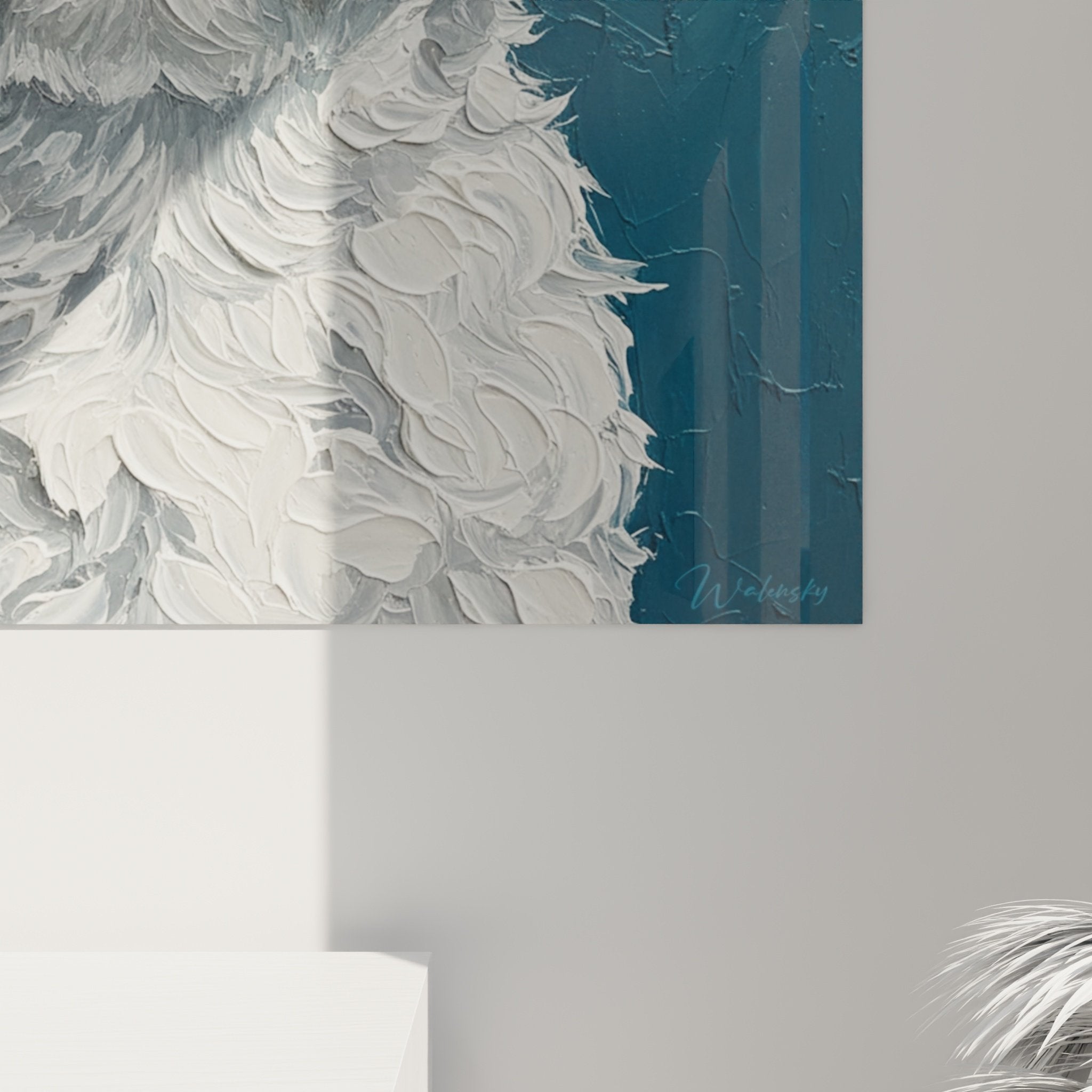 Full view Maltese Bichon painting contemporary living room white wall artistic decor canine portrait