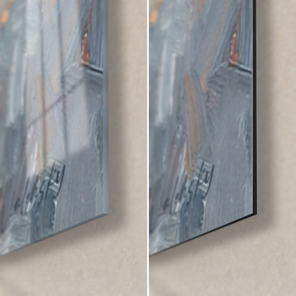 Cuadro perro esponjoso en pintura gruesa, esquina inferior derecha: cristal acrílico brillante a la izquierda, Dibond de aluminio negro mate a la derecha, gris azulado y crema, canto de 3 mm