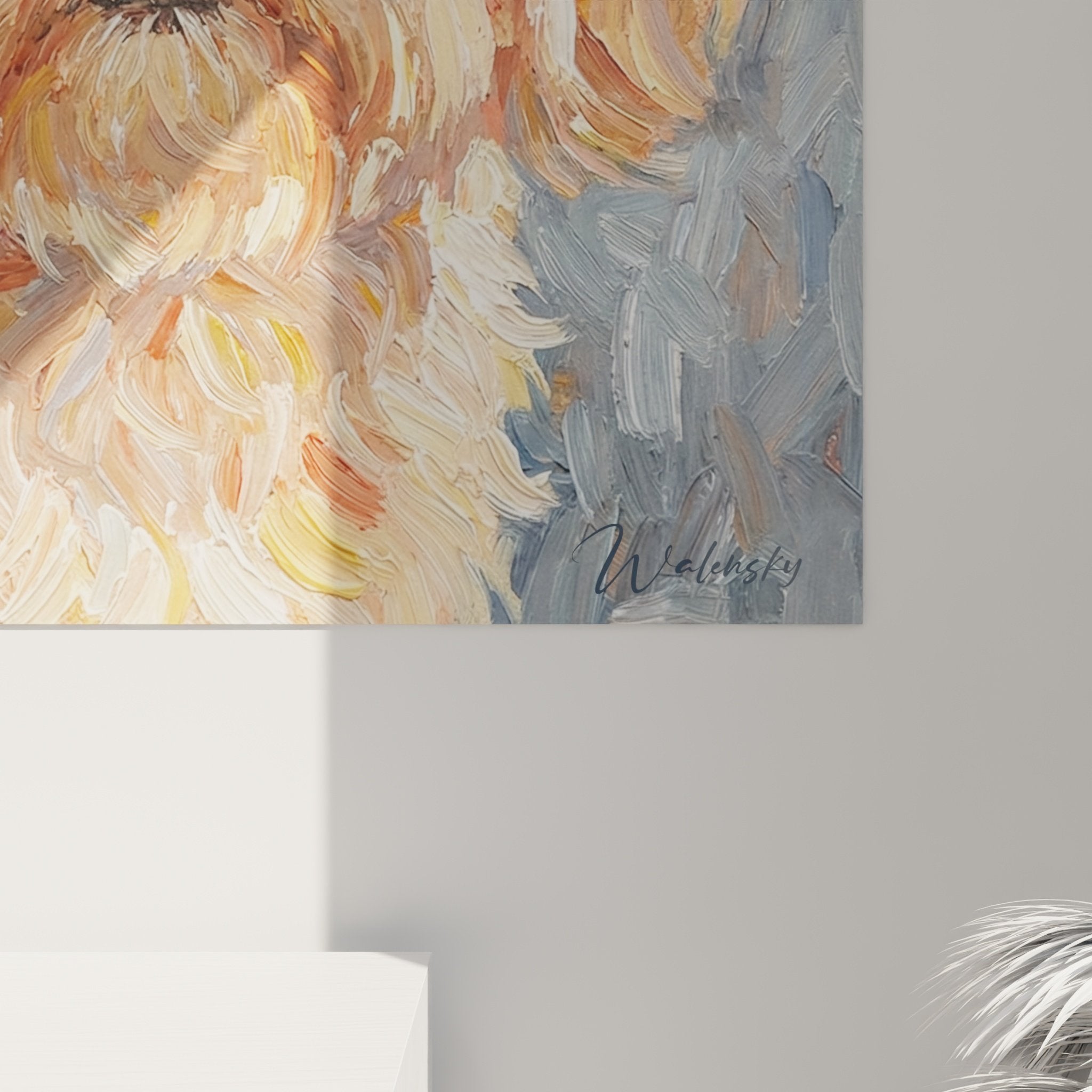 Vue ensemble tableau Bichon Maltais tons dorés, œuvre murale décorative pour intérieur cocooning