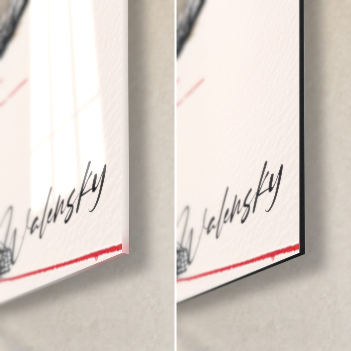 Wall art basset with ink lines, black Walensky signature and red stroke, bottom right corner: glossy glass on the left, matte Dibond on the right