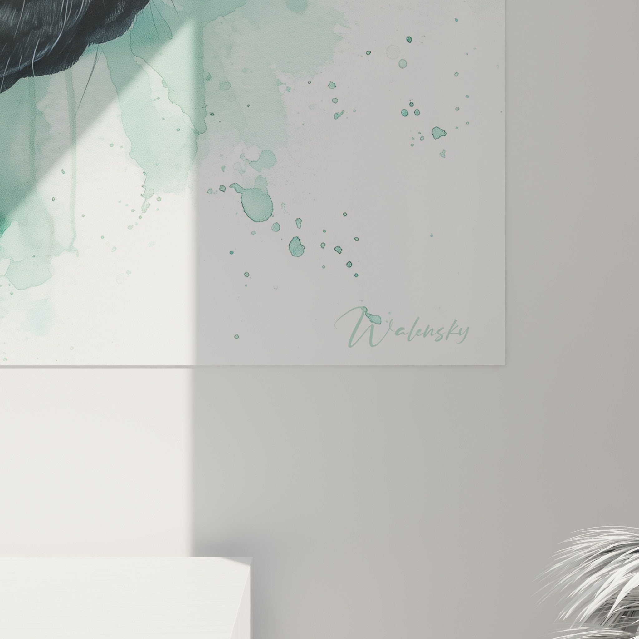 Vue ensemble tableau Bloodhound portrait aquarelle turquoise decoration interieur art contemporain chien