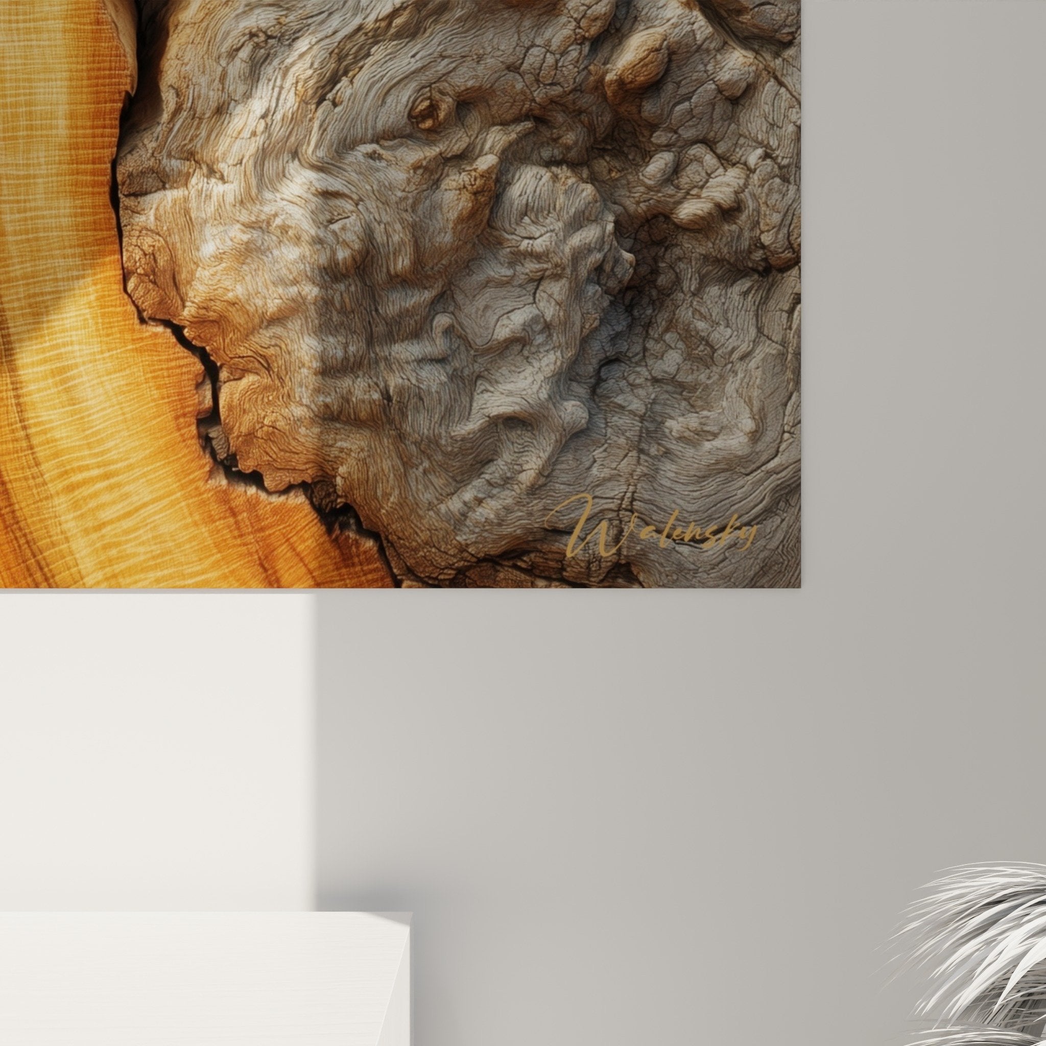 Gesamtansicht Holzbildwand organischer Stein natürliche Wanddekoration Feng Shui Osten Holz natürliche Atmosphäre