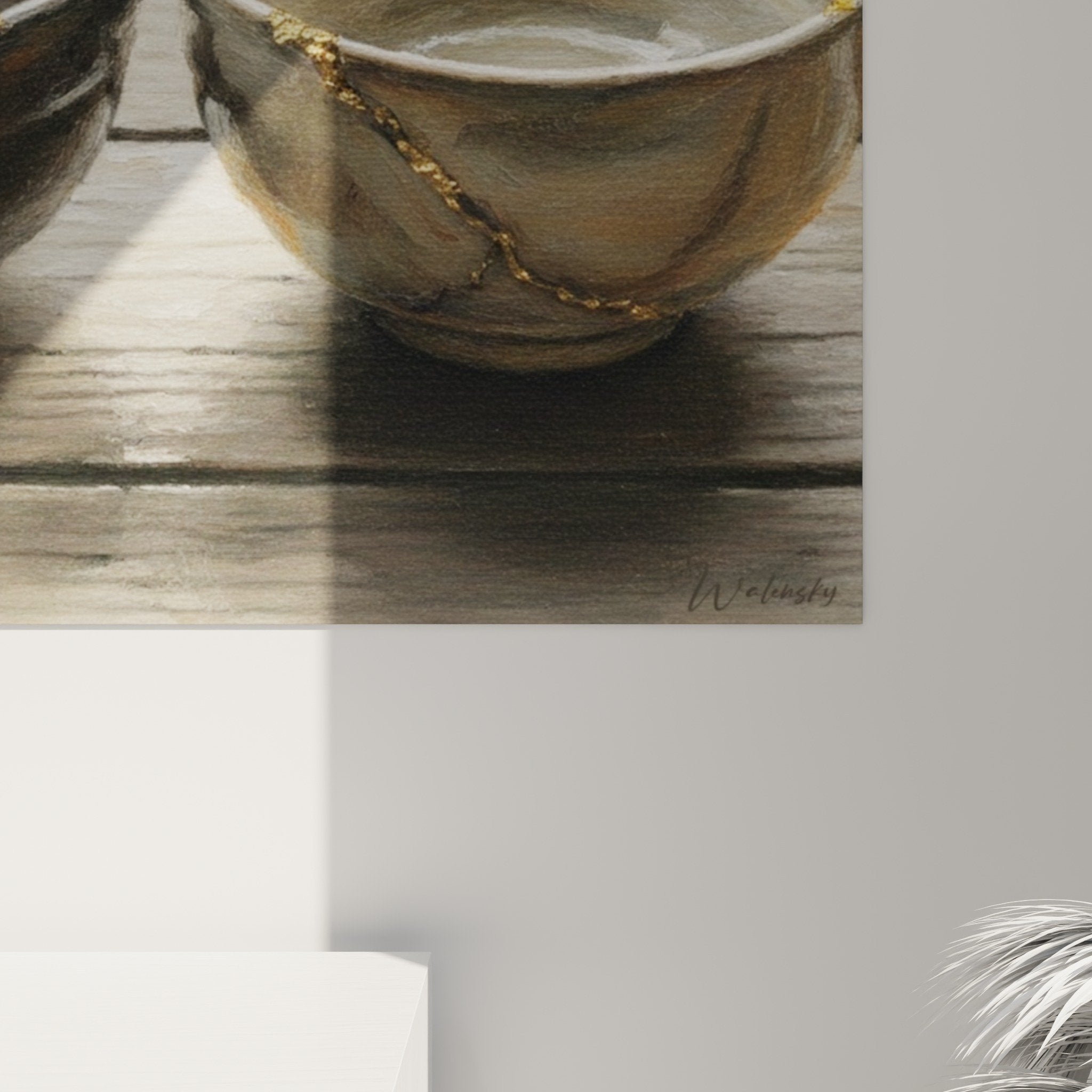 Gesamtansicht Gemälde Zen-Schalen Keramik Braun Beige Gold Holz Grau Wanddekoration Japandi minimalistisch