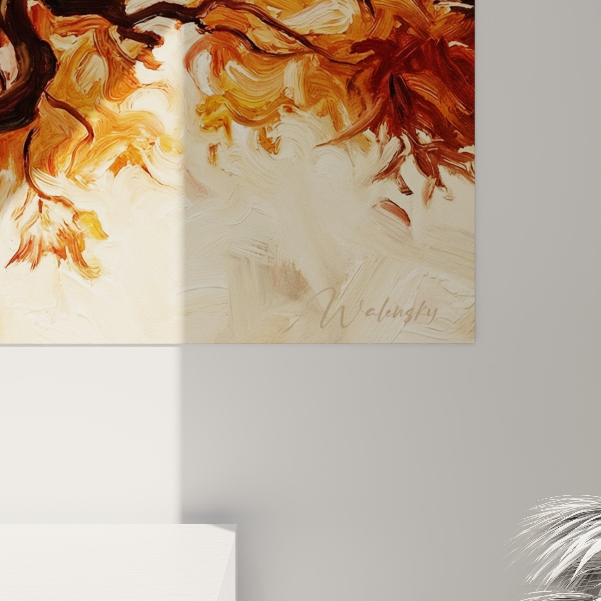 Overall view bonsai painting twisted branches autumn foliage orange red decoration