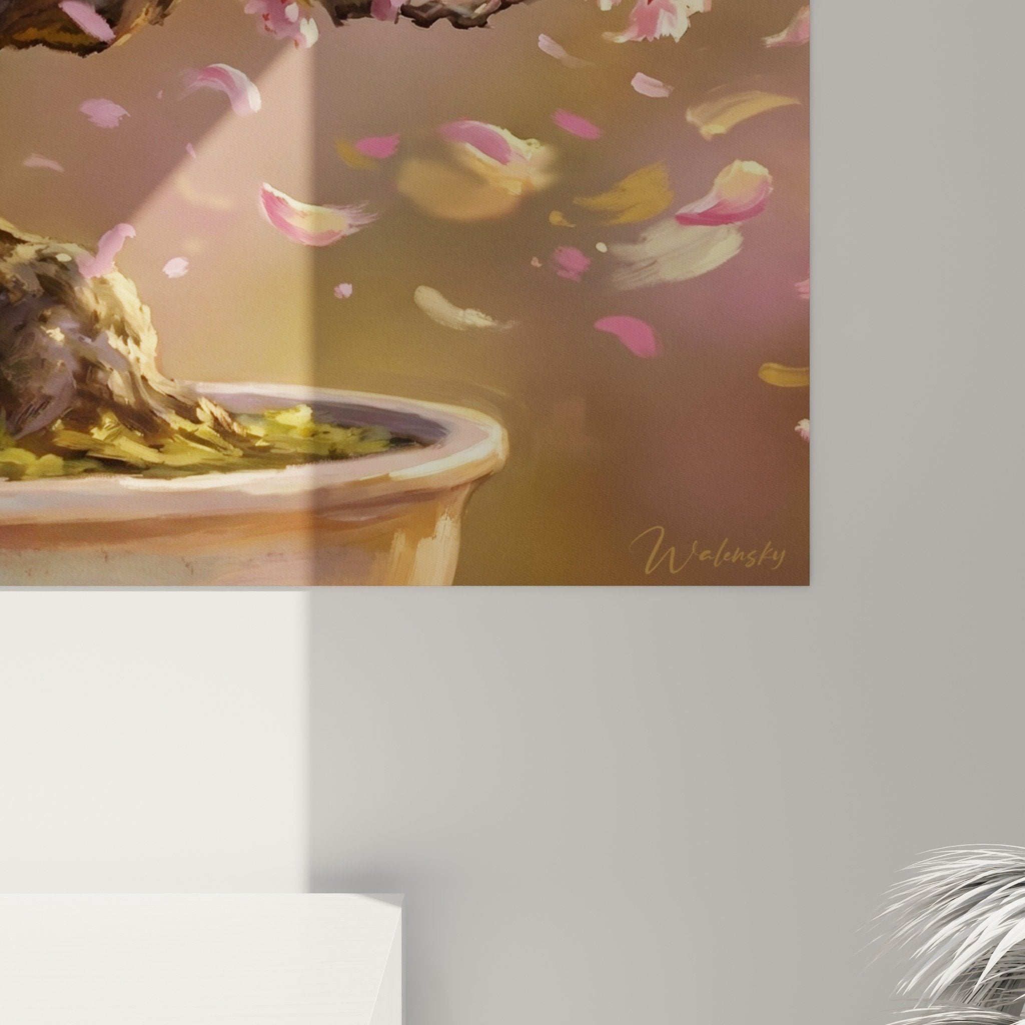 Bonsai tree painting with pink blossoms in golden light interior zen nature decor