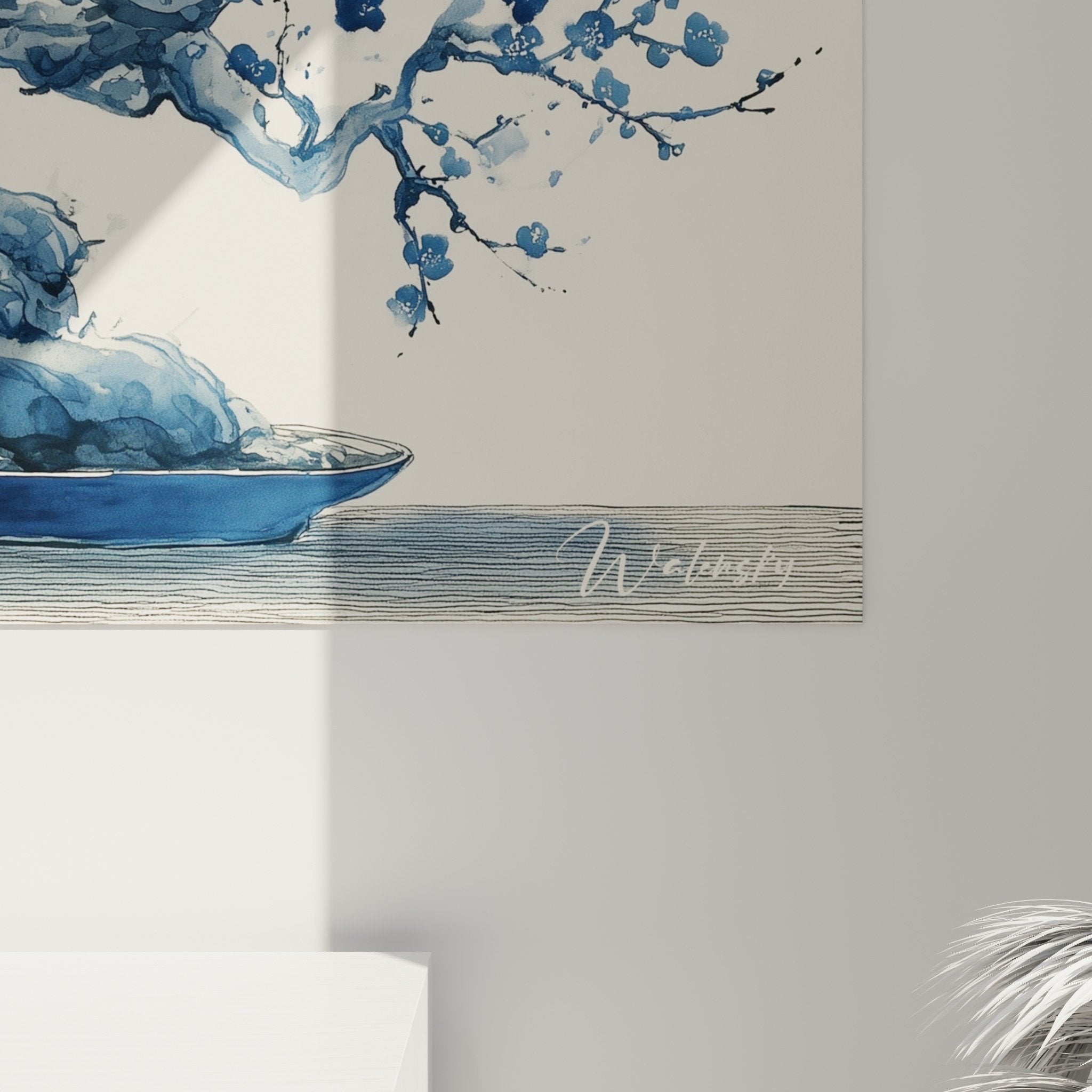 Vue ensemble tableau bonsaï bleu japonais decoration murale style ikebana zen