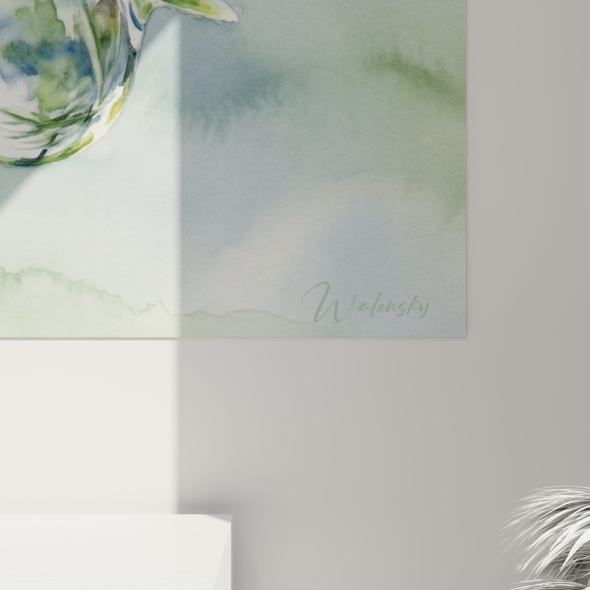 bonsai watercolor painting full view dew decoration interior zen green blue calming