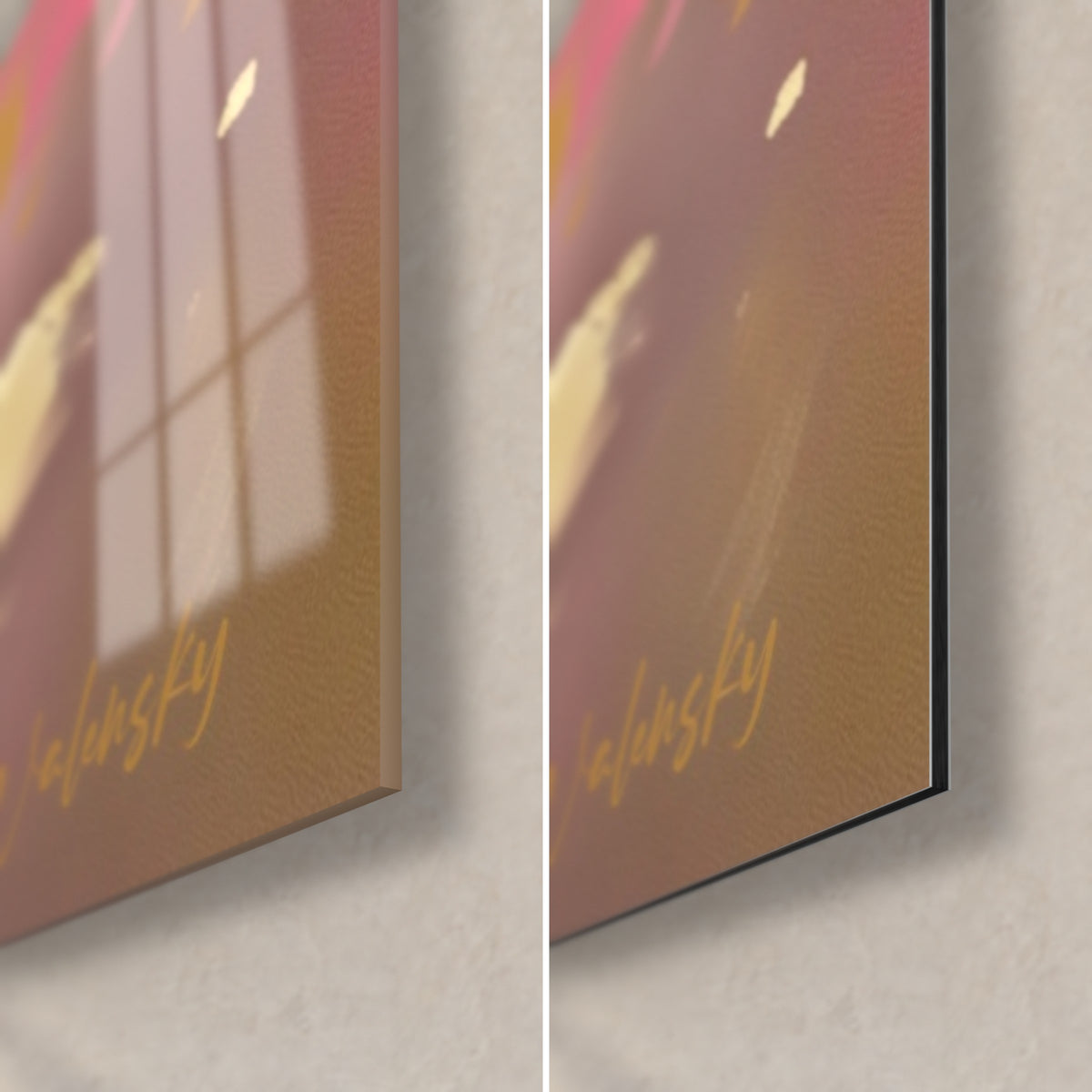 Quadro bonsai rosa e oro, angolo in basso a destra: vetro acrilico lucido a sinistra, Dibond opaco a destra, spessore 3 mm