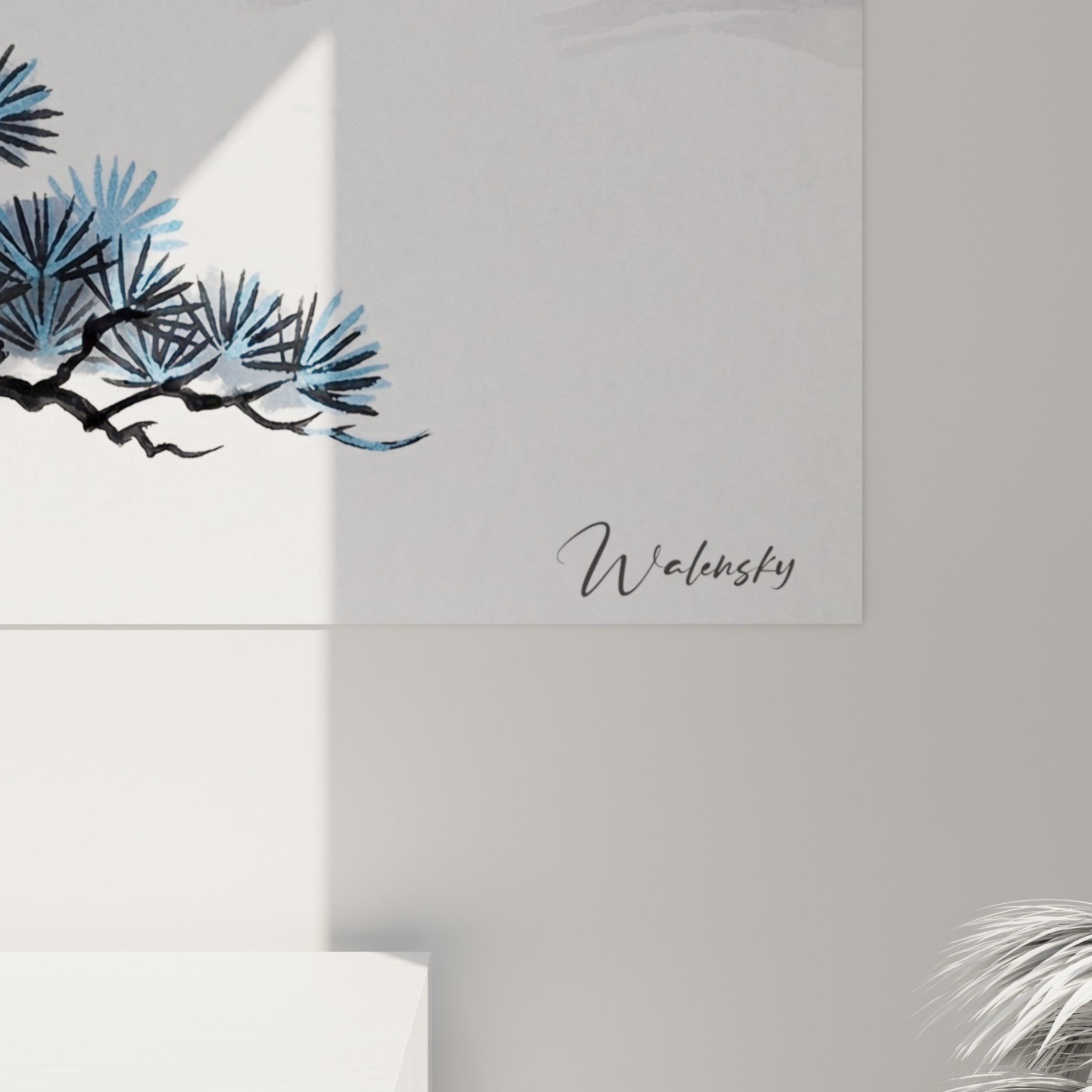 Overview of zen bonsai wall art in blue tones, Japanese-inspired wall decoration