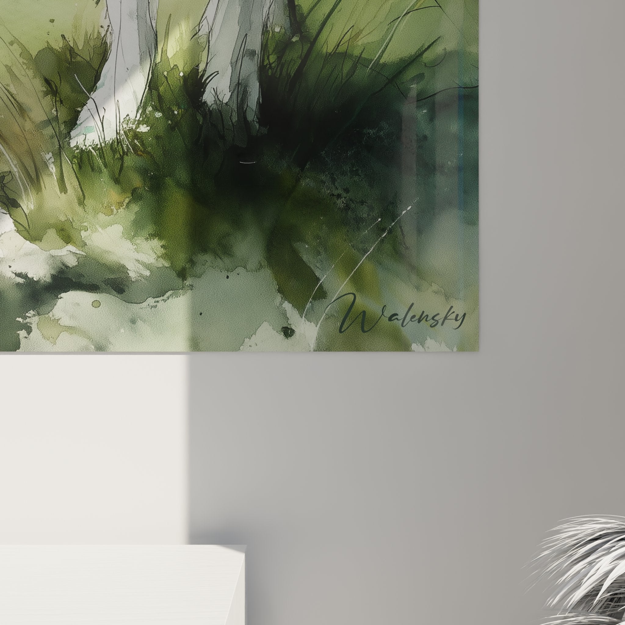 Vue ensemble tableau Border Collie paysage pastoral collines verdoyantes tons naturels aquarelle