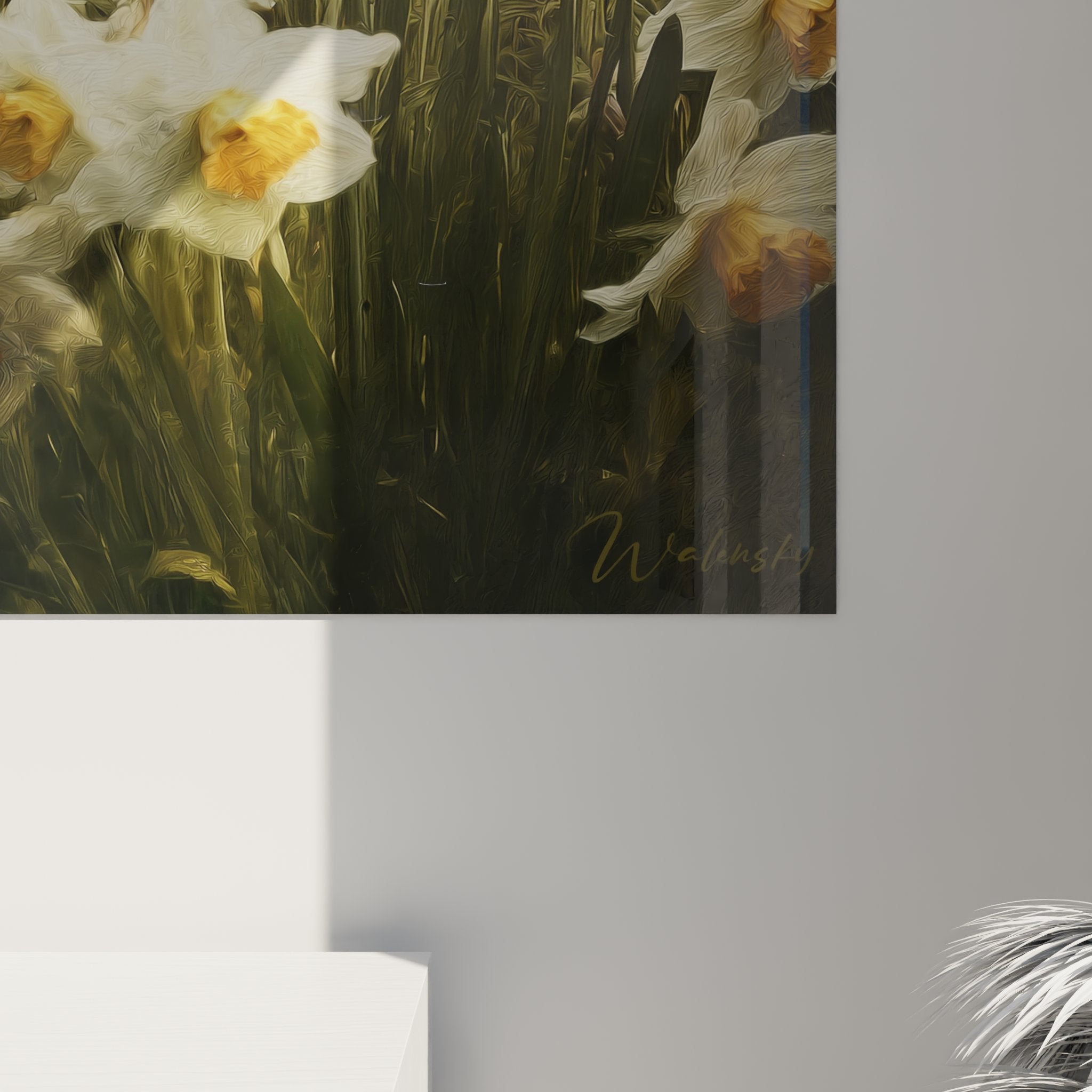 vue ensemble tableau border collie dans narcisses composition florale canine art mural decoration interieur