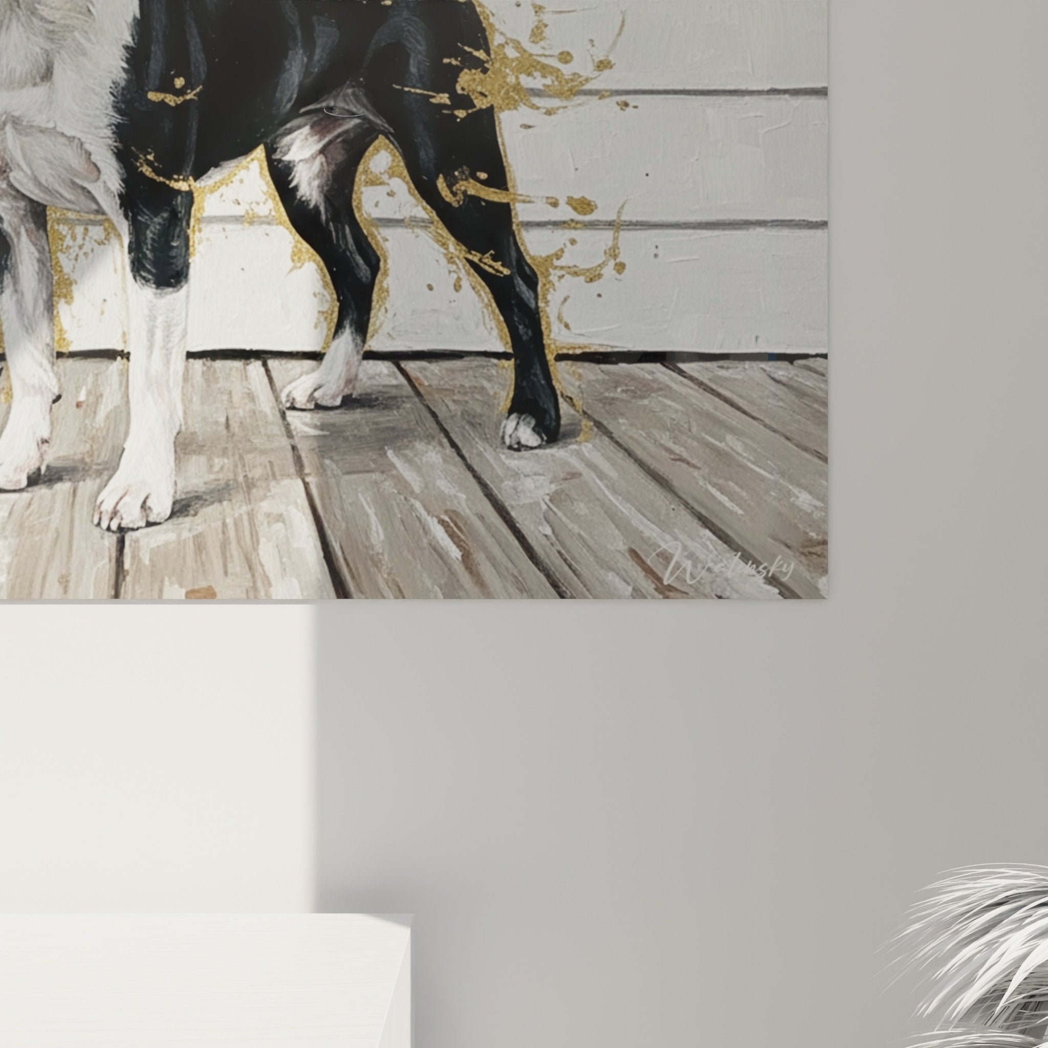 Vue ensemble tableau Boston Terrier decoration murale terrasse bois couronne vegetale automnale