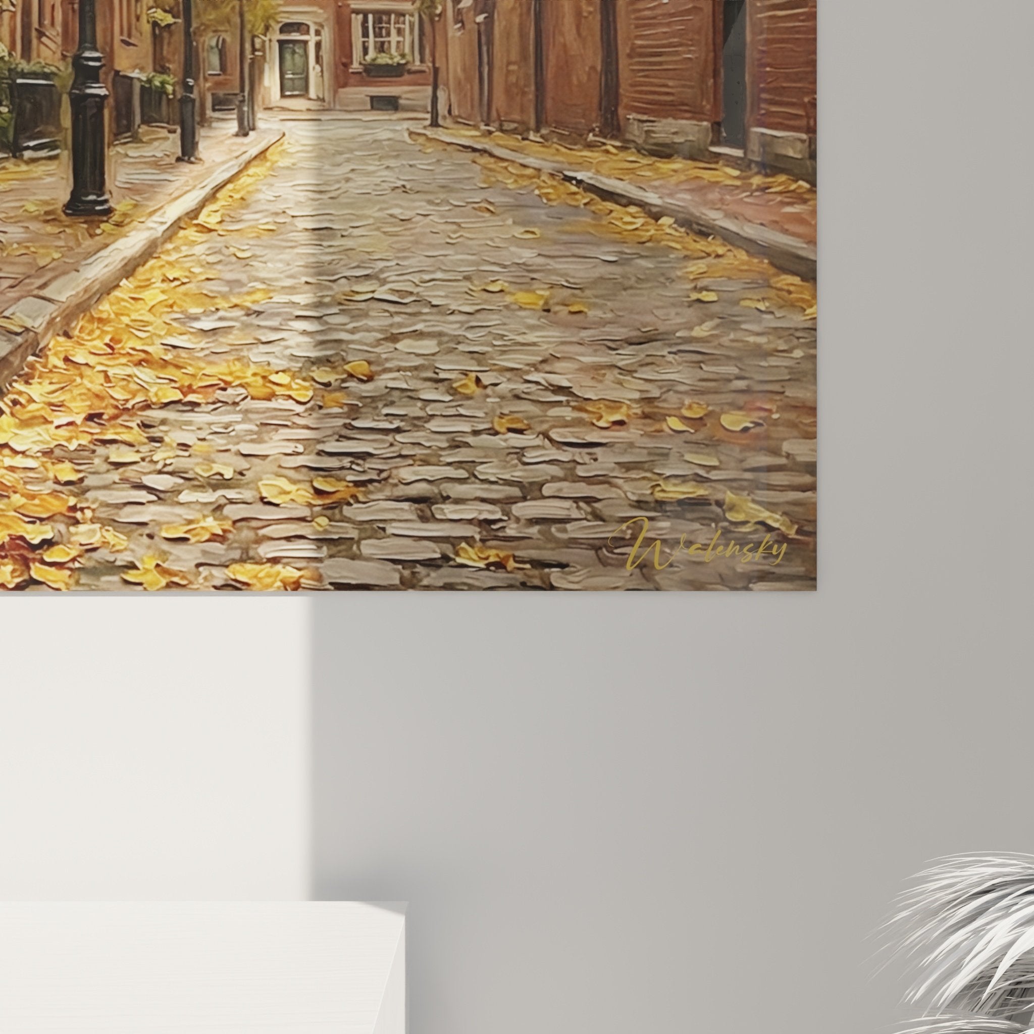 Vue ensemble tableau Boston Terrier rue pavée automne dans intérieur moderne décoration murale urbaine