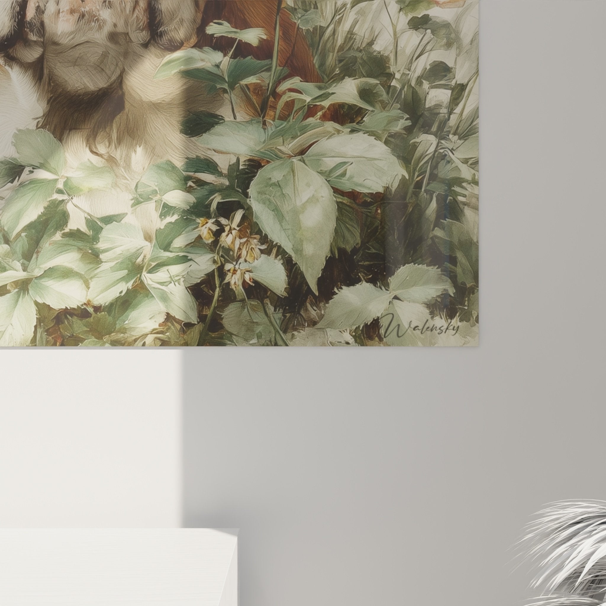 Full view English Bulldog botanical artwork interior cozy wall decoration romantic style