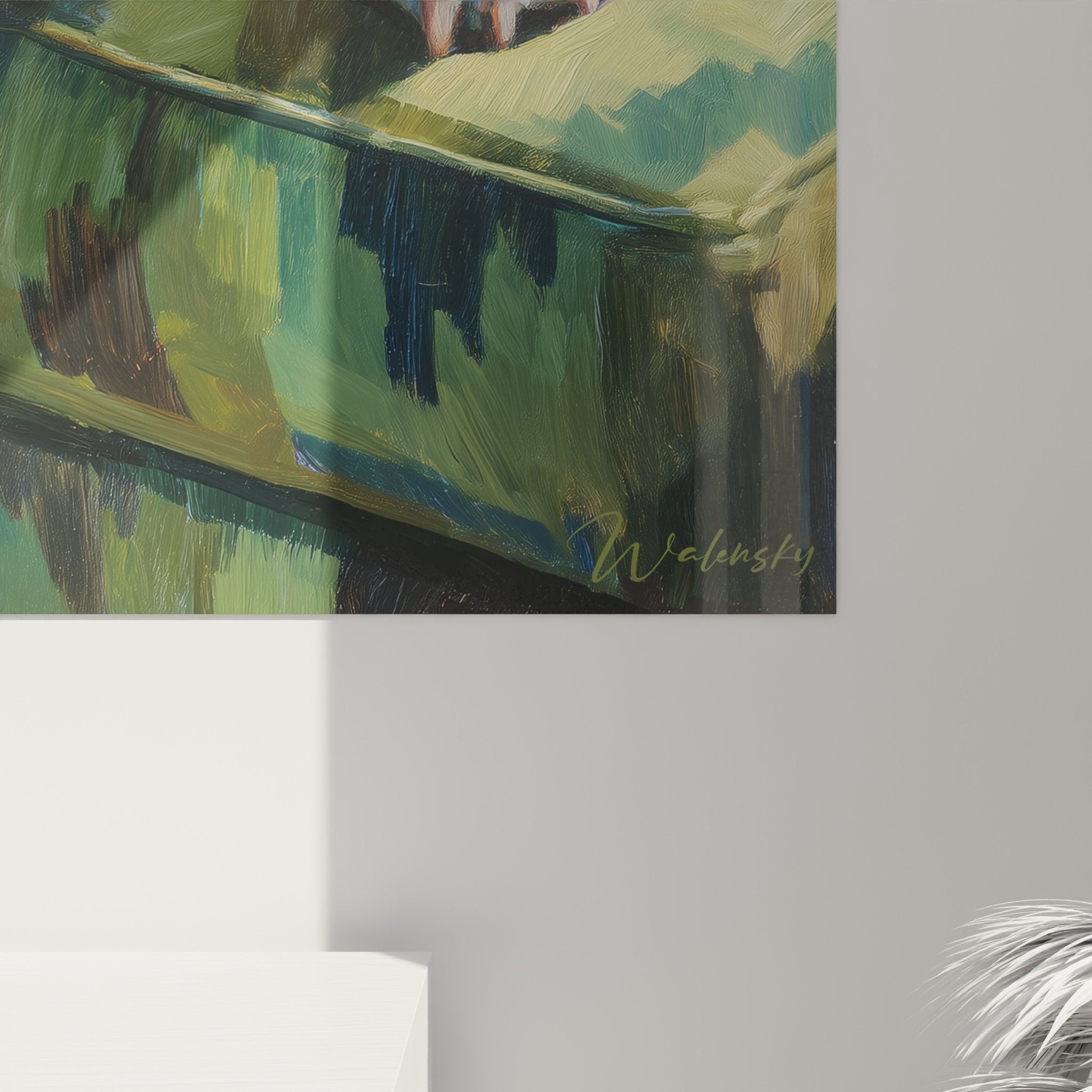 Vue d'ensemble tableau Bouledogue Anglais repos canapé vert, ambiance cocooning décoration intérieure chaleureuse