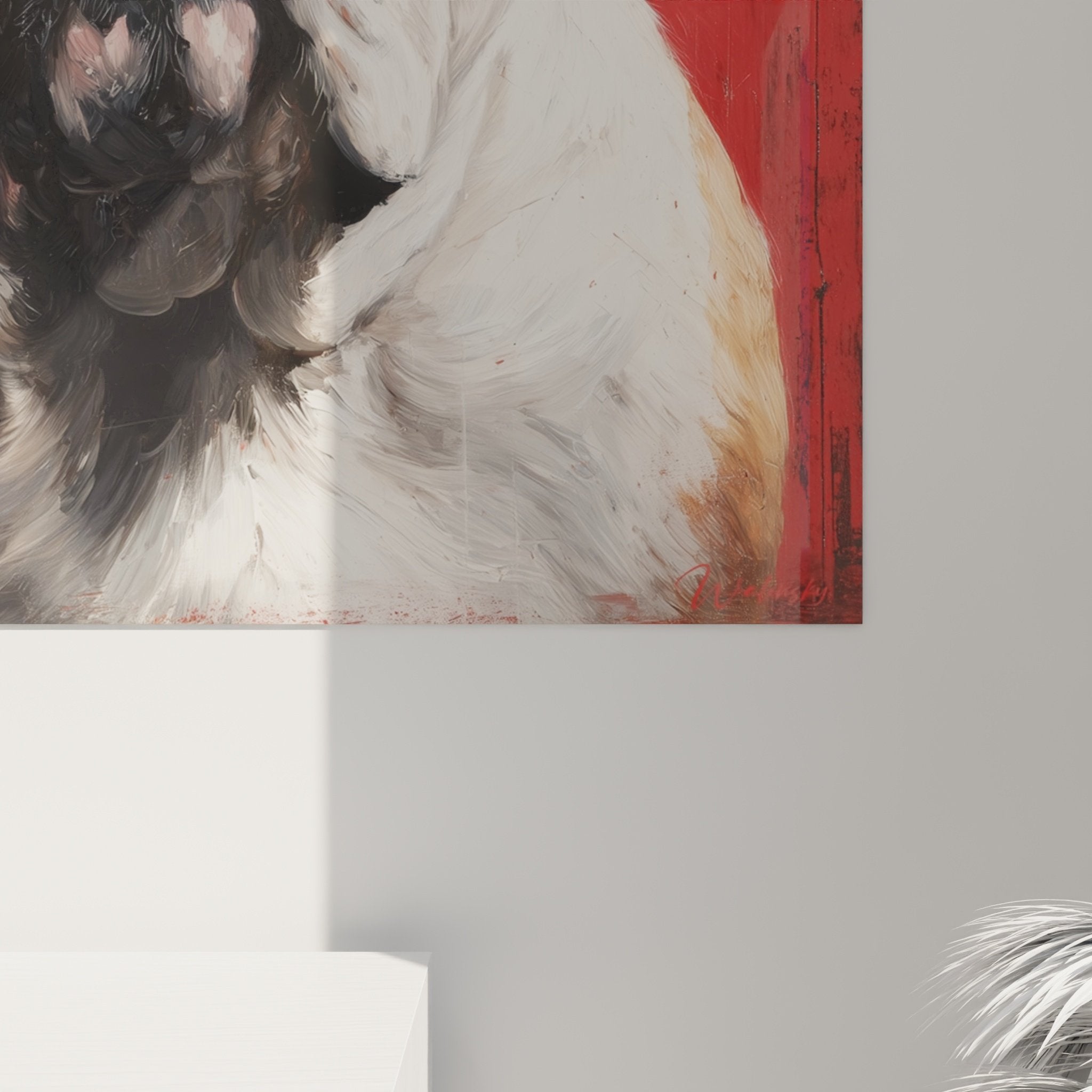 Vue d'ensemble tableau Bouledogue Anglais fond rouge, œuvre décorative murale format carré, style portrait classique