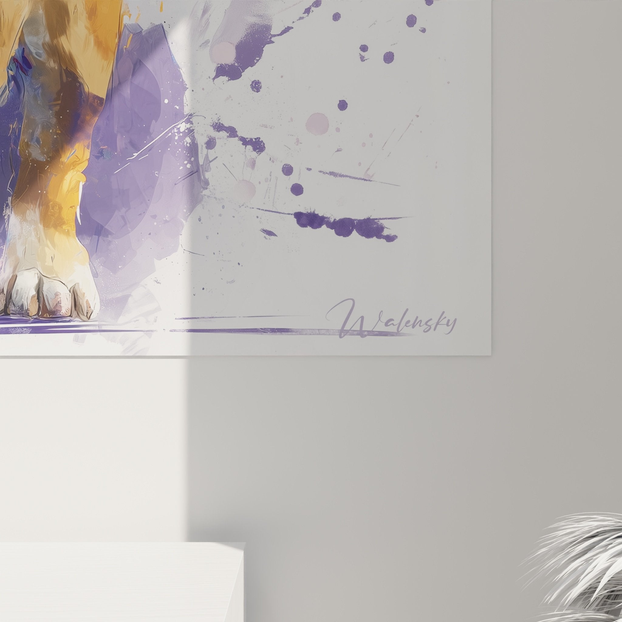 Vue ensemble tableau bouledogue anglais eclaboussures colorees violet bleu orange decoration murale moderne