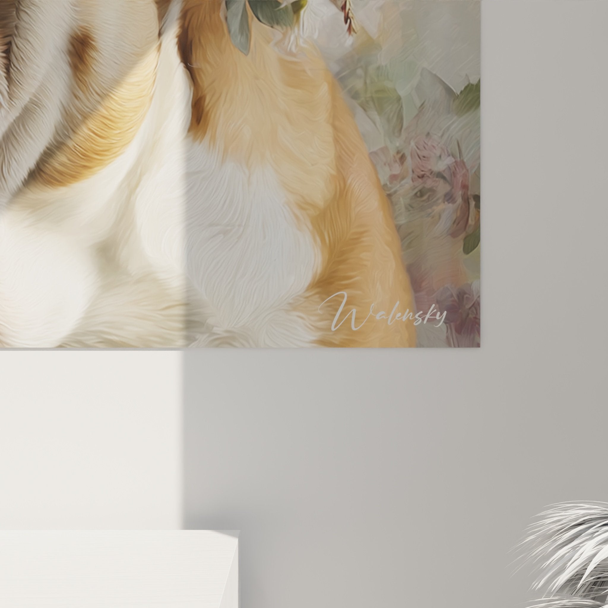 Vue ensemble tableau mural bouledogue anglais fleurs salon decoration murale art contemporain romantique