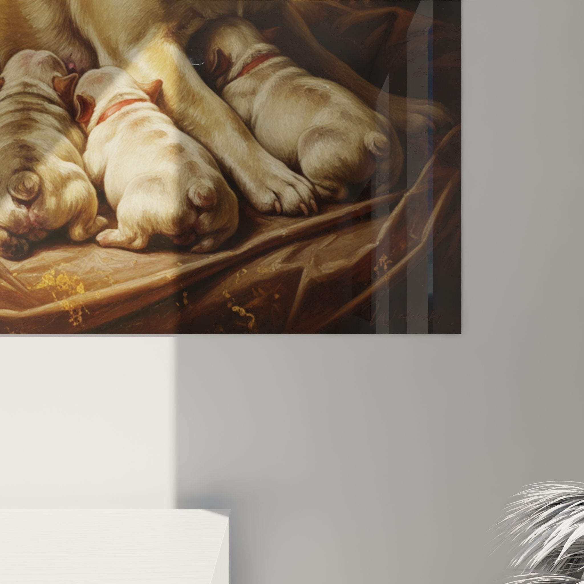 vista d'insieme quadro bulldog francese ornamenti dorati volute barocche decorazione murale elegante