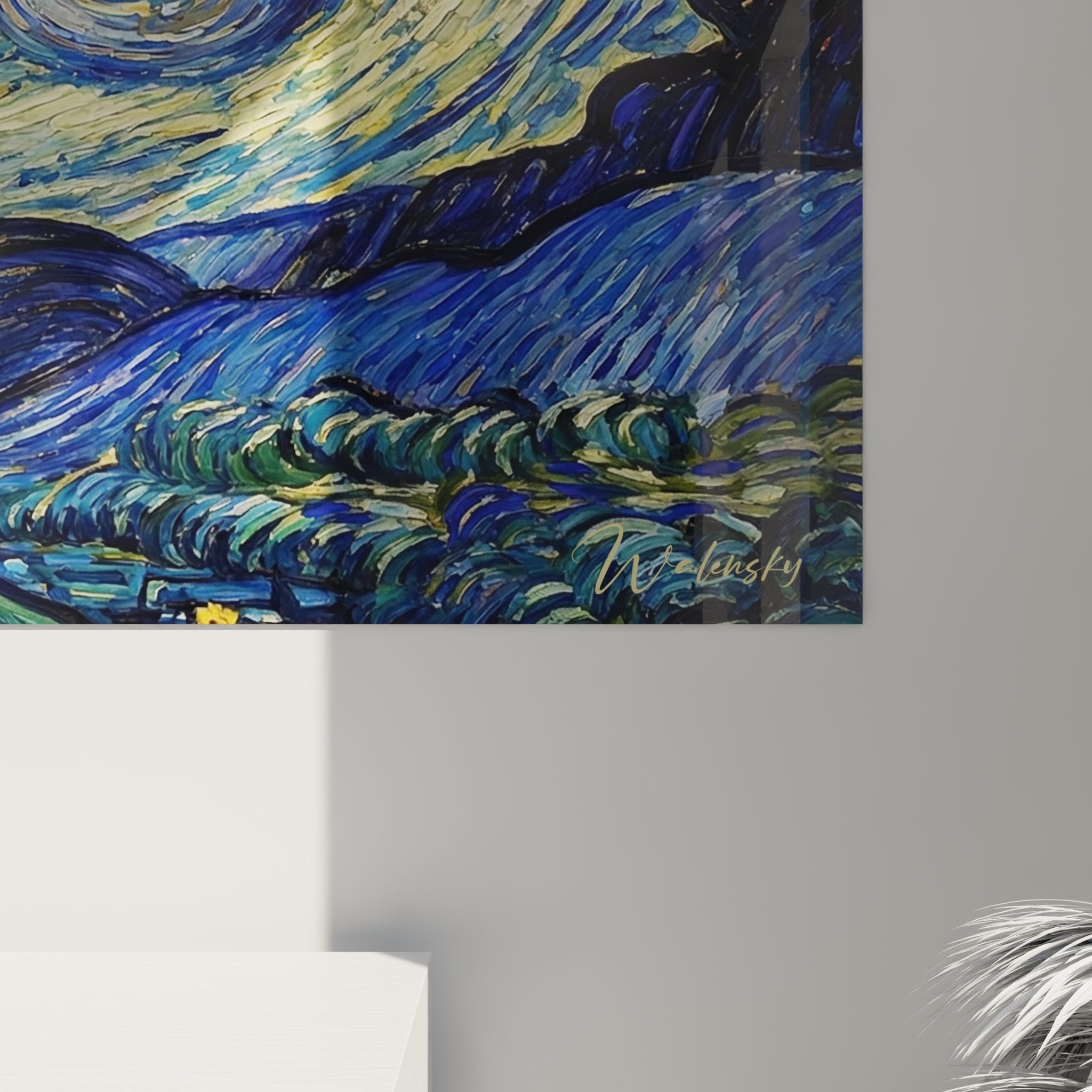 Vue ensemble tableau bouledogue francais nuit etoilee style impressionniste decoration murale moderne