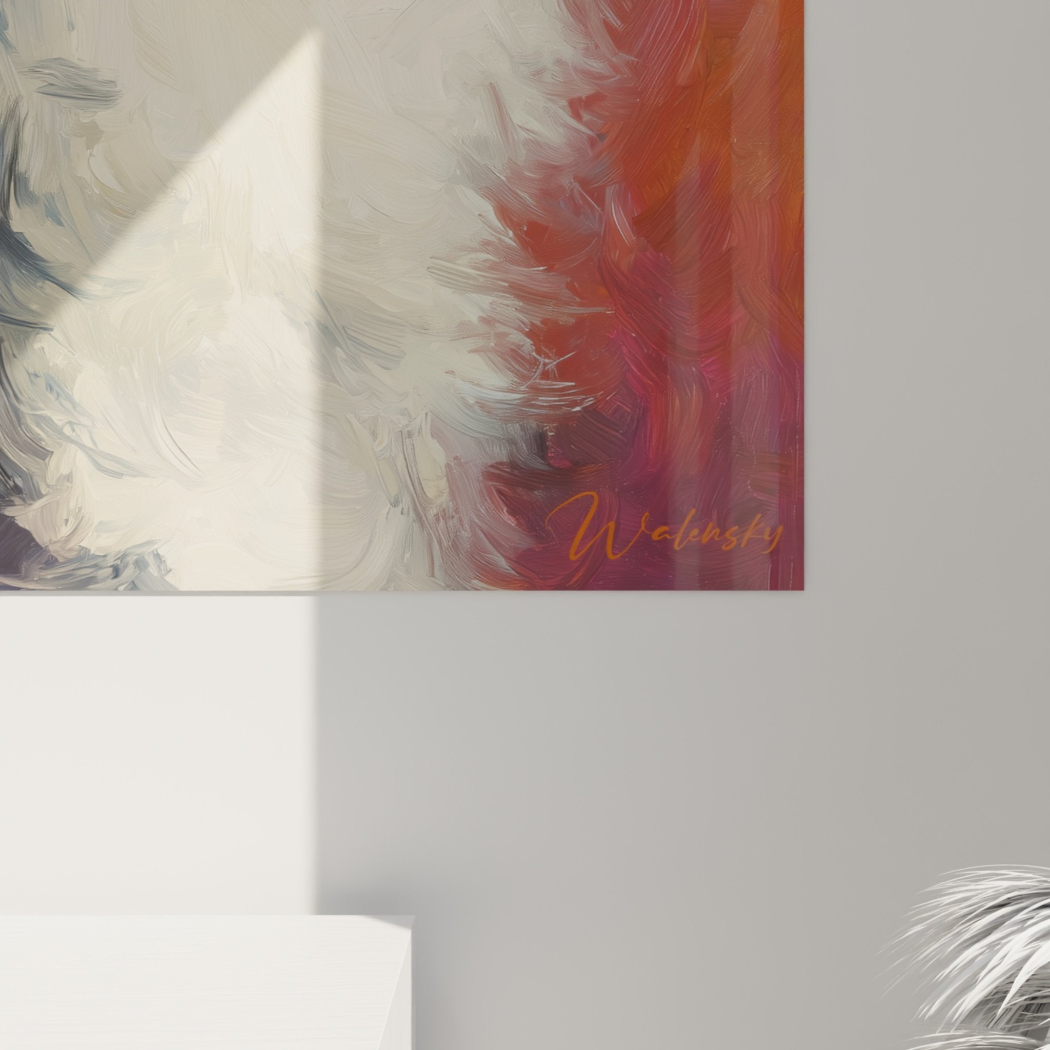 Bernese Mountain Dog wall art overview, decorative canine artwork portrait format warm orange colorful background