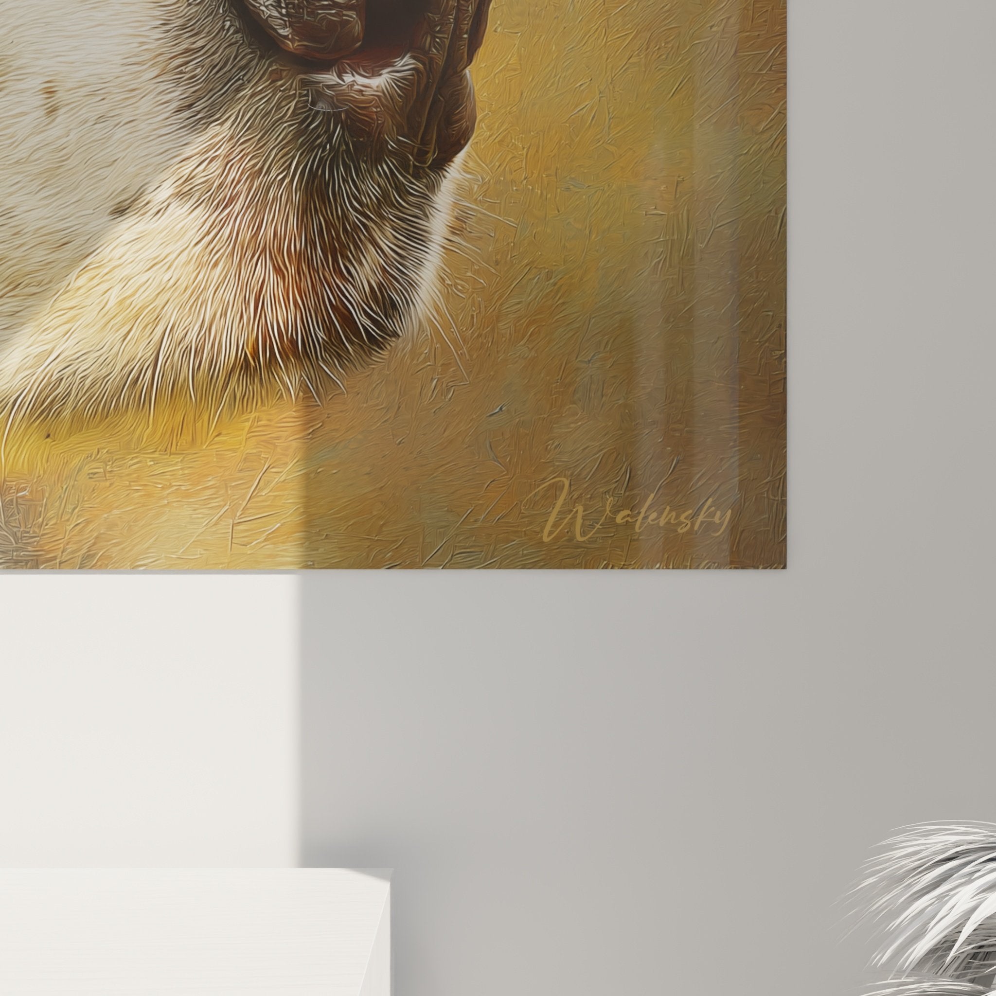 Overall view of Bernese Mountain Dog portrait painting wall decoration in golden tones