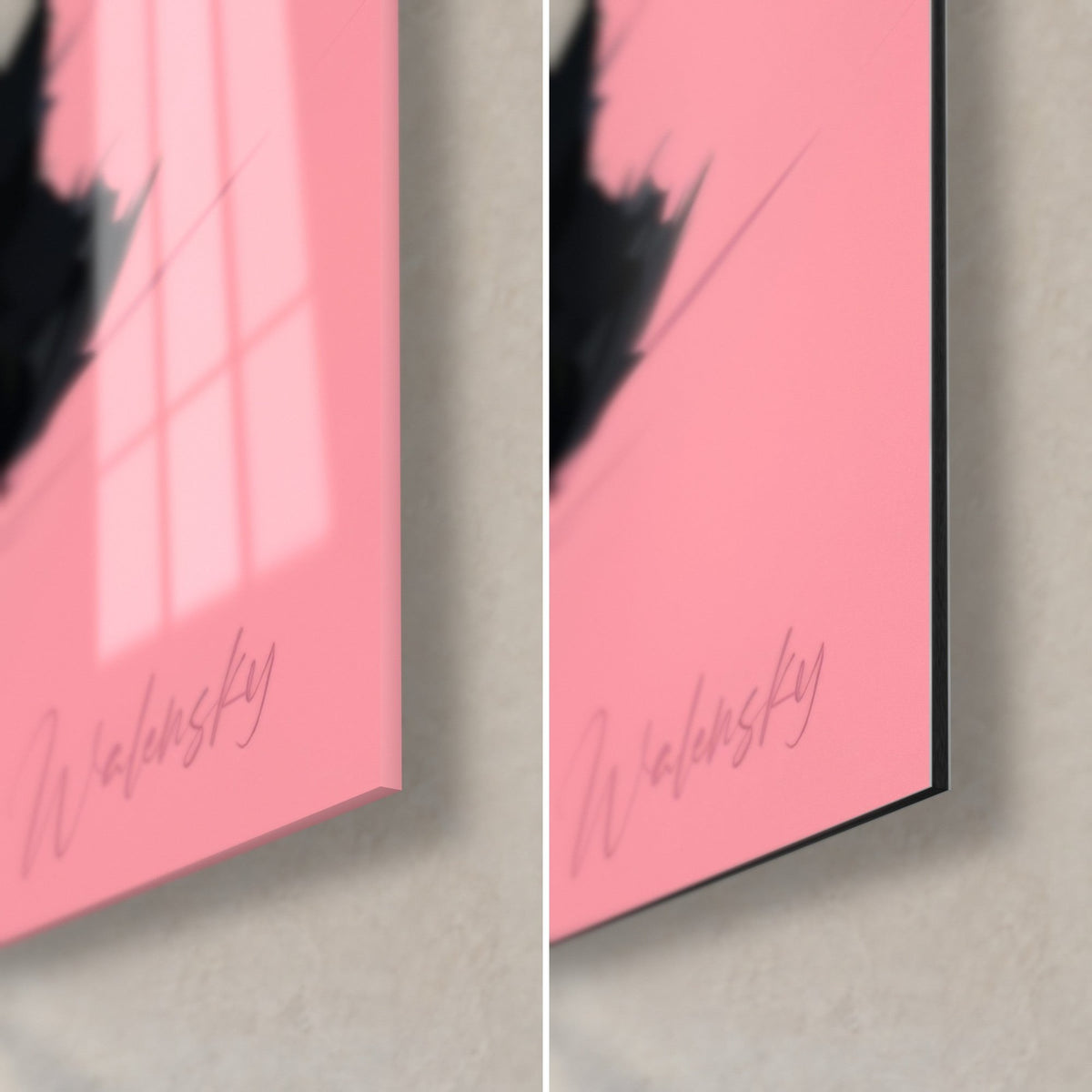 Wall art digital painting pet portrait, pink corner and black edge, glossy glass facing matte Dibond aluminium