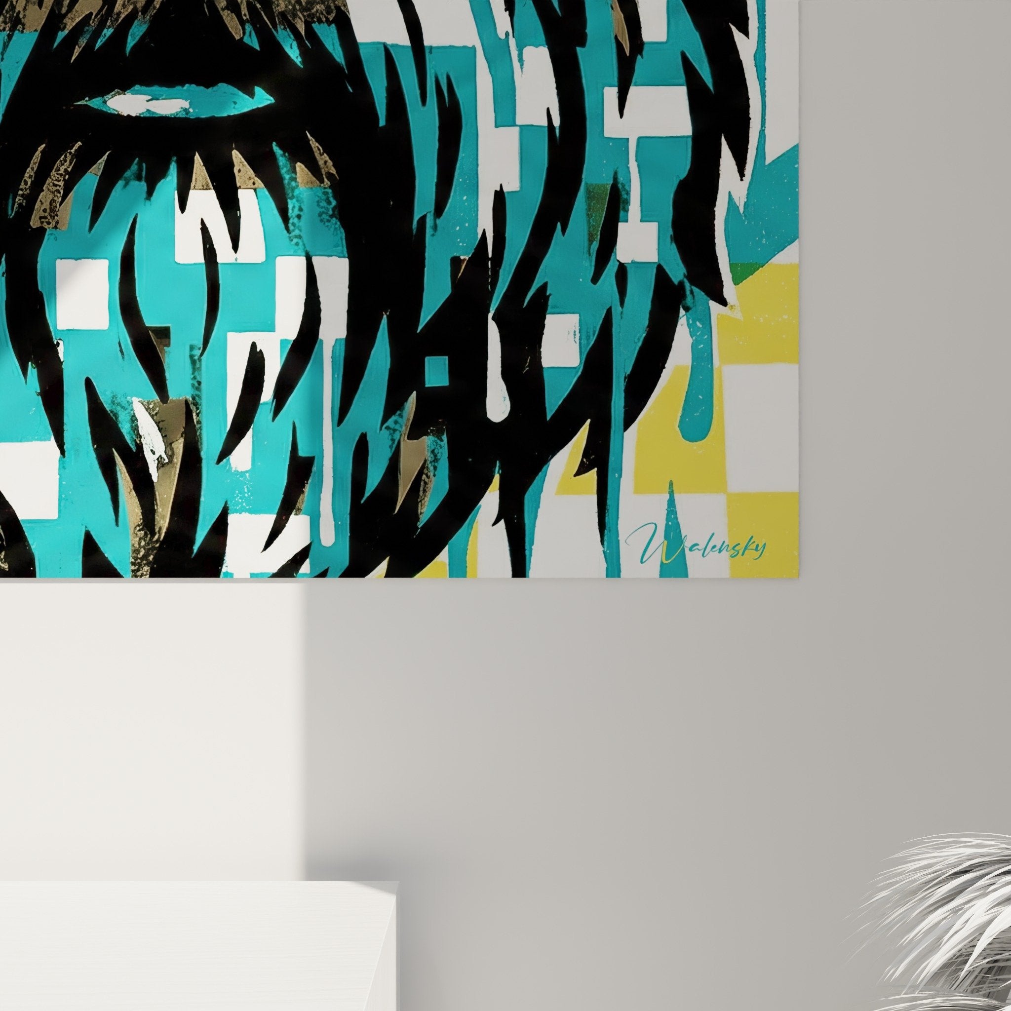 Vue ensemble tableau bouvier des flandres graphique couleurs vives decoration interieur moderne