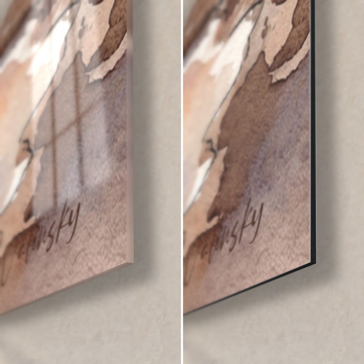 Gemälde aquarellierter Welpe in Nachtblau und Ocker, untere rechte Ecke: glänzendes Acrylglas links, mattes Dibond rechts