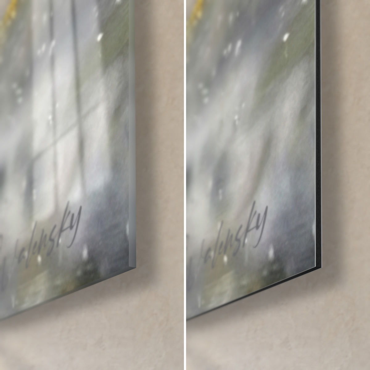 Cuadro perro despeinado con gotitas plateadas, esquina inferior derecha: vidrio acrílico brillante que refleja el gris, aluminio Dibond mate negro, canto de 3 mm