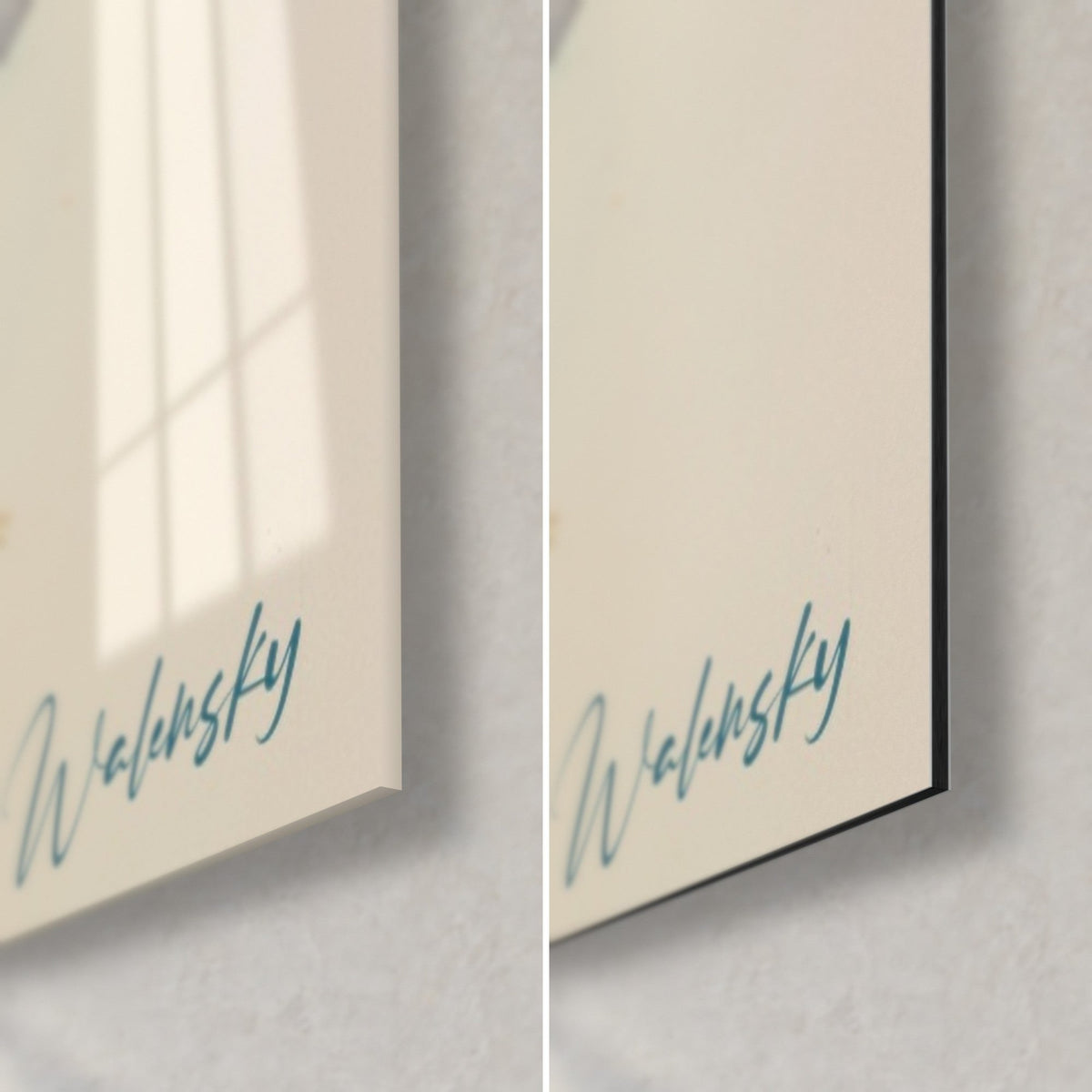 Wall art plant stem with duck blue leaves on cream background, bottom right corner, glossy glass on the left, matte Dibond on the right