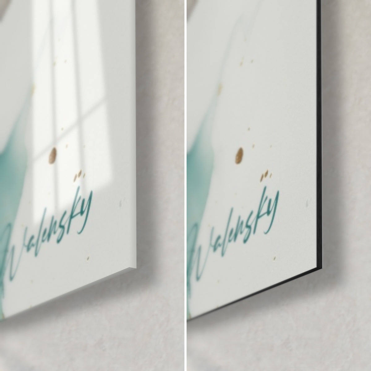 Wall art with teal foliage and gold tips, bottom right corner: glossy glass on the left, matte Dibond, 3 mm edge