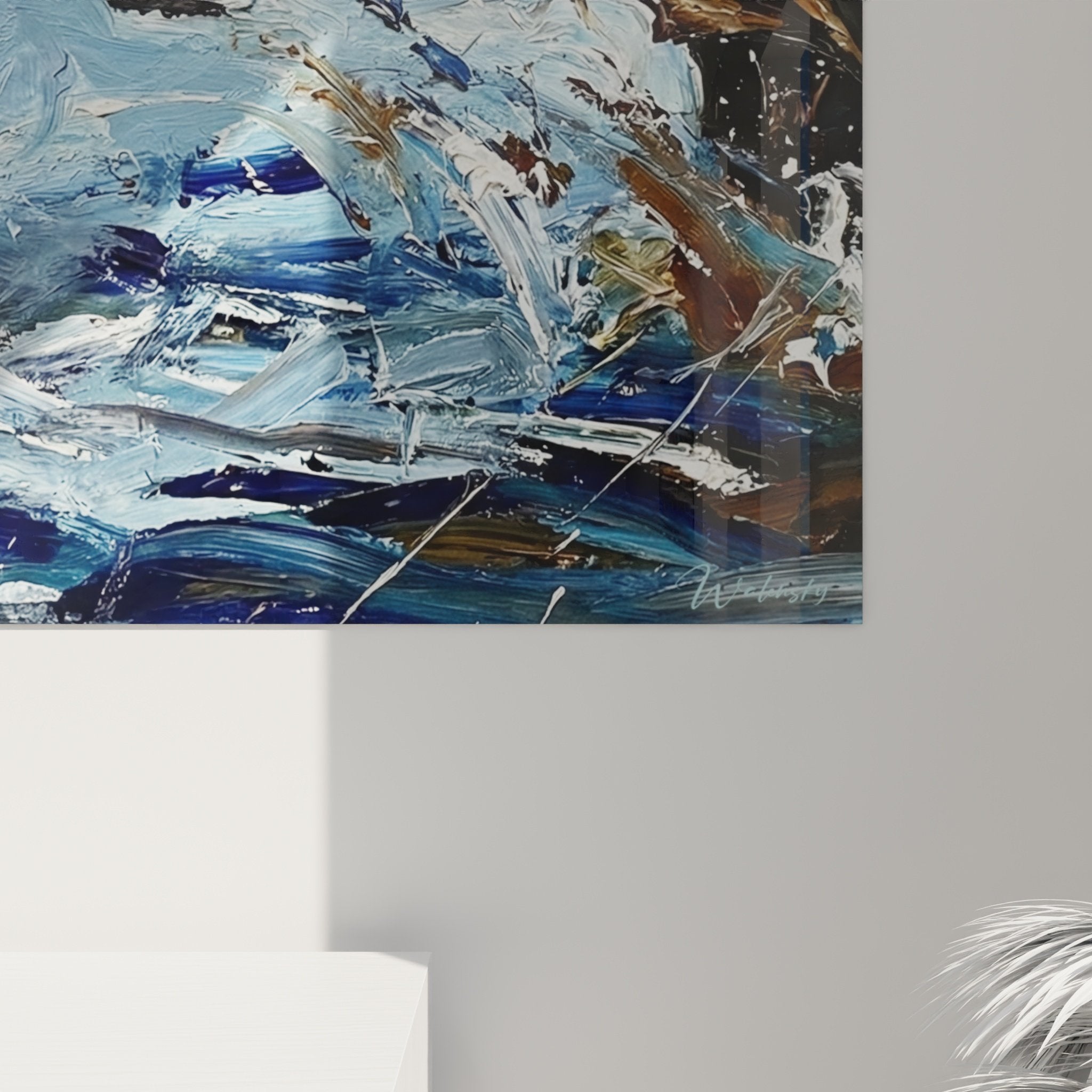 Vue ensemble tableau braque de weimar nage eaux bleues composition artistique tons aquatiques