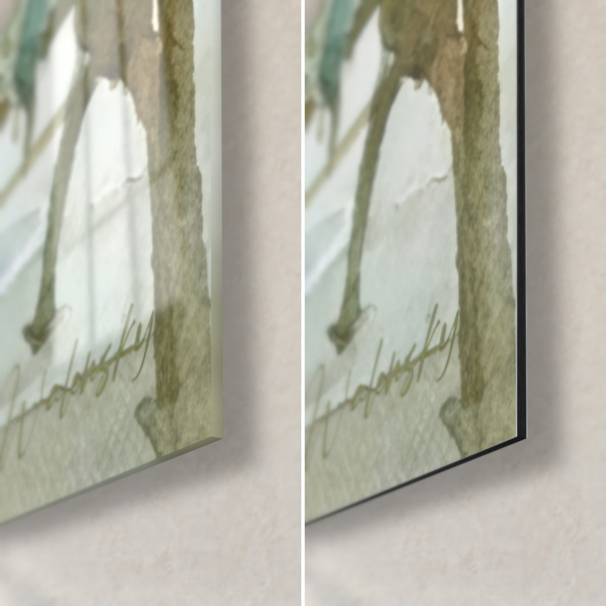 Wall art of lovers bundled up on a bench, lower right corner: olive green and glacier blue watercolor under glossy glass and matte Dibond