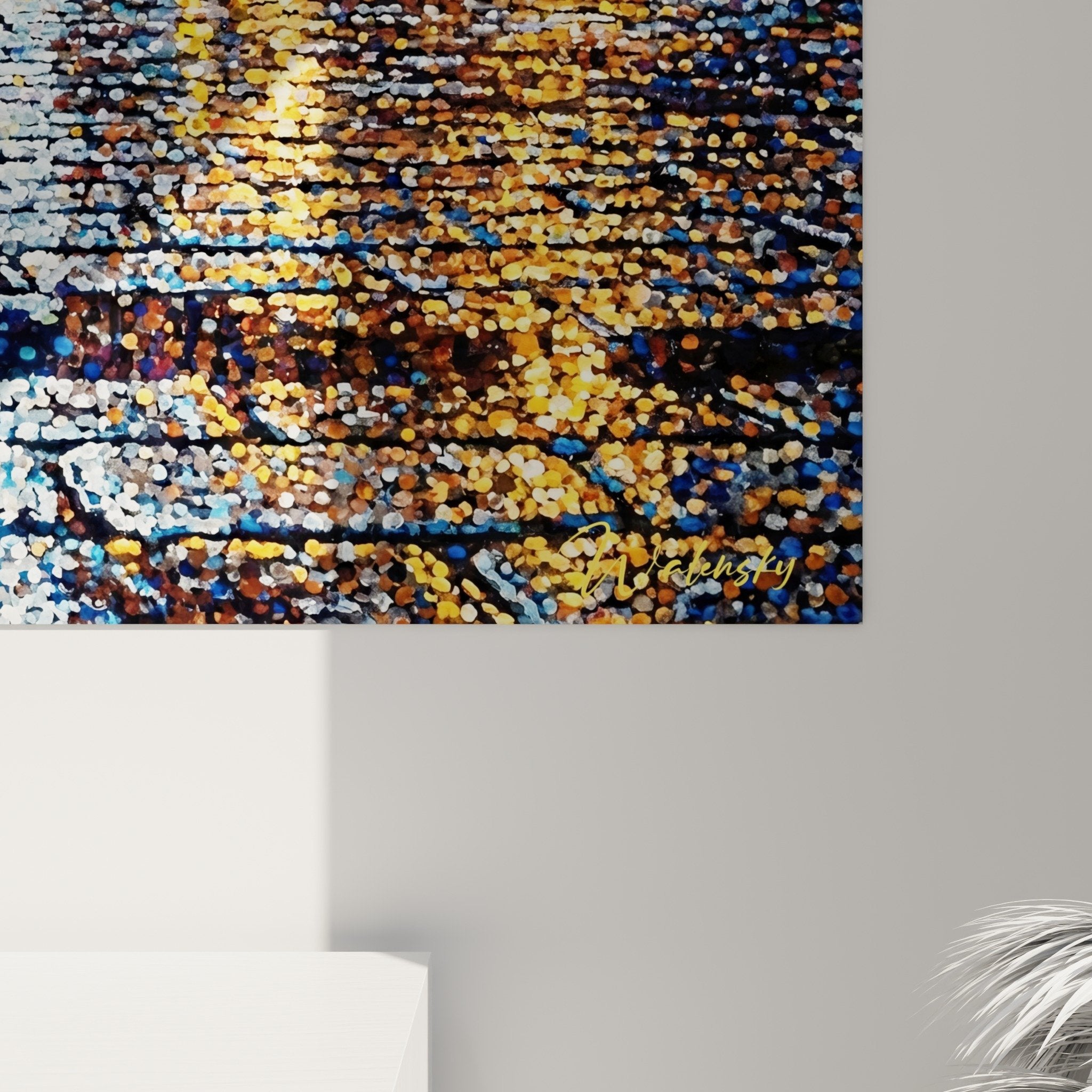 Vue ensemble tableau Brooklyn rue sous pluie dans interieur moderne salon contemporain decoration murale urbaine
