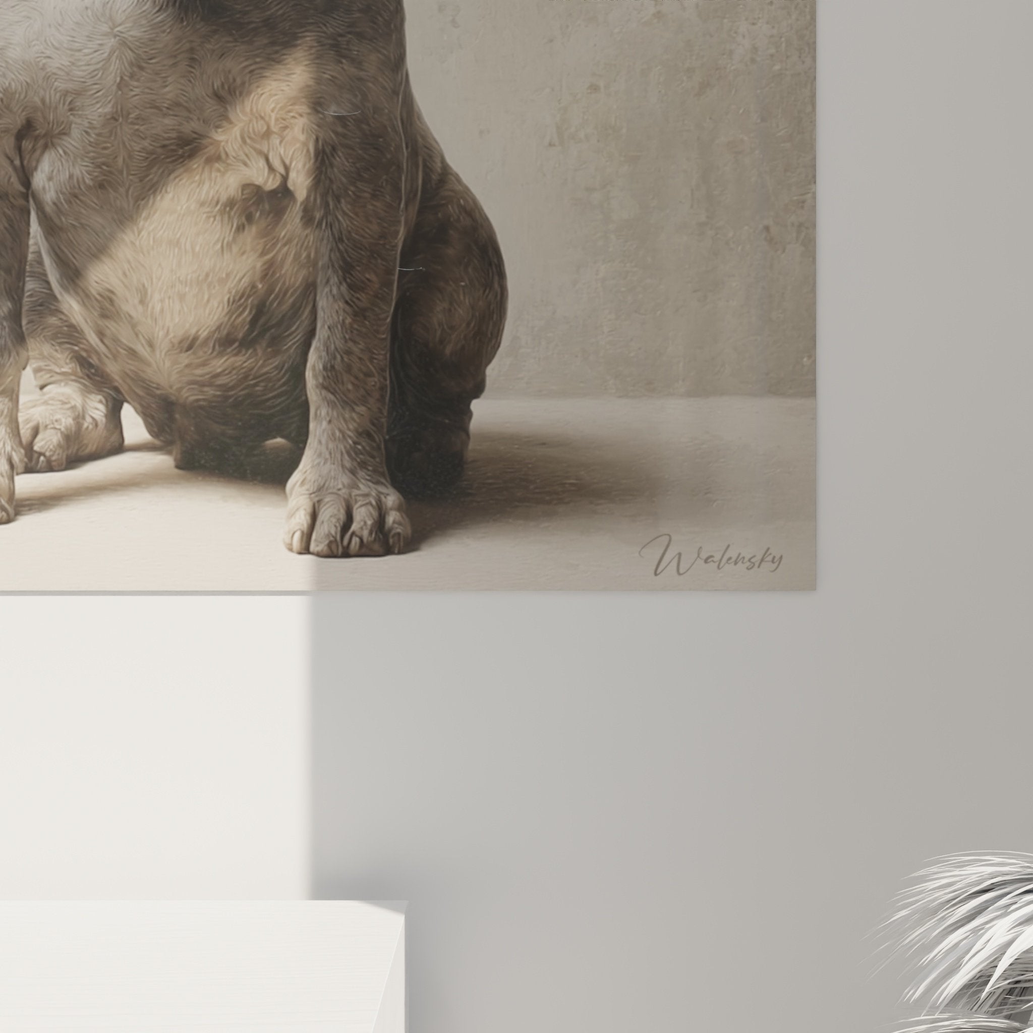 Vue ensemble tableau Bull Terrier portrait monochrome gris blanc décoration intérieur