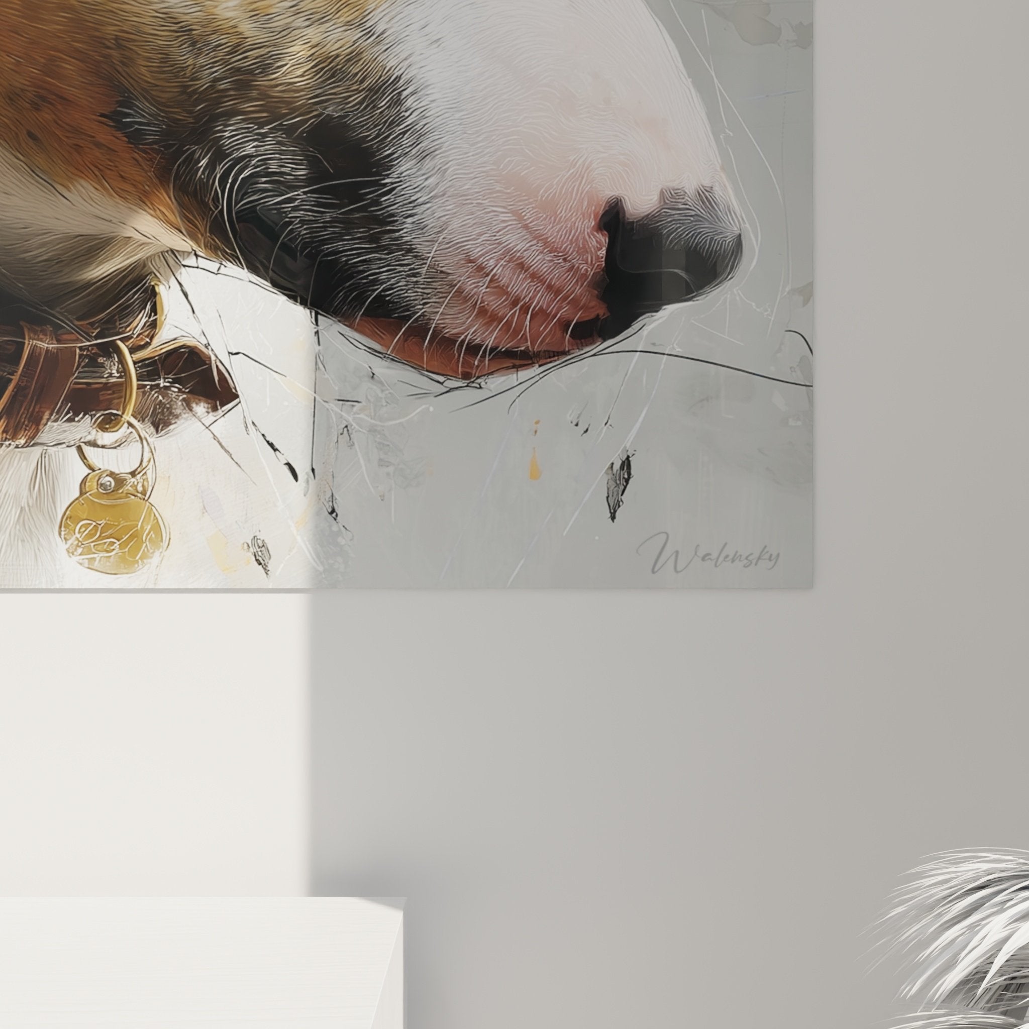 Vue perspective tableau Bull Terrier portrait artistique décoration intérieur contemporain