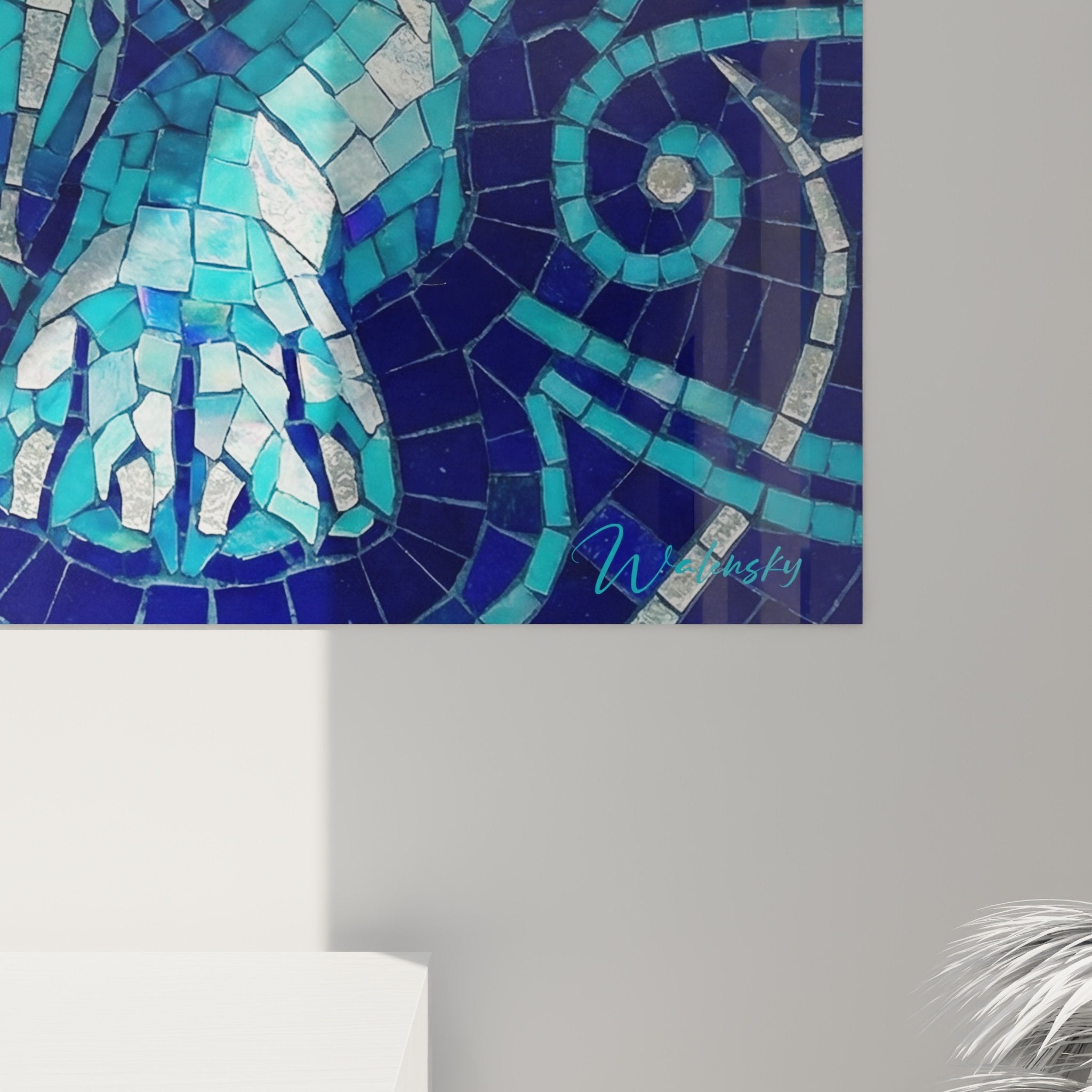 Vue ensemble tableau Bullmastiff mosaique bleue turquoise decoration murale art moderne geometrique