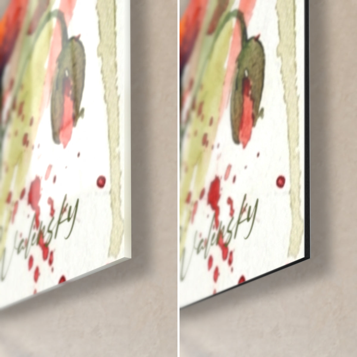 Tableau molosse aquarelle en coquelicots rouges et verts, coin bas droit : verre acrylique brillant à gauche, alu Dibond mat à droite, tranche de 3 mm