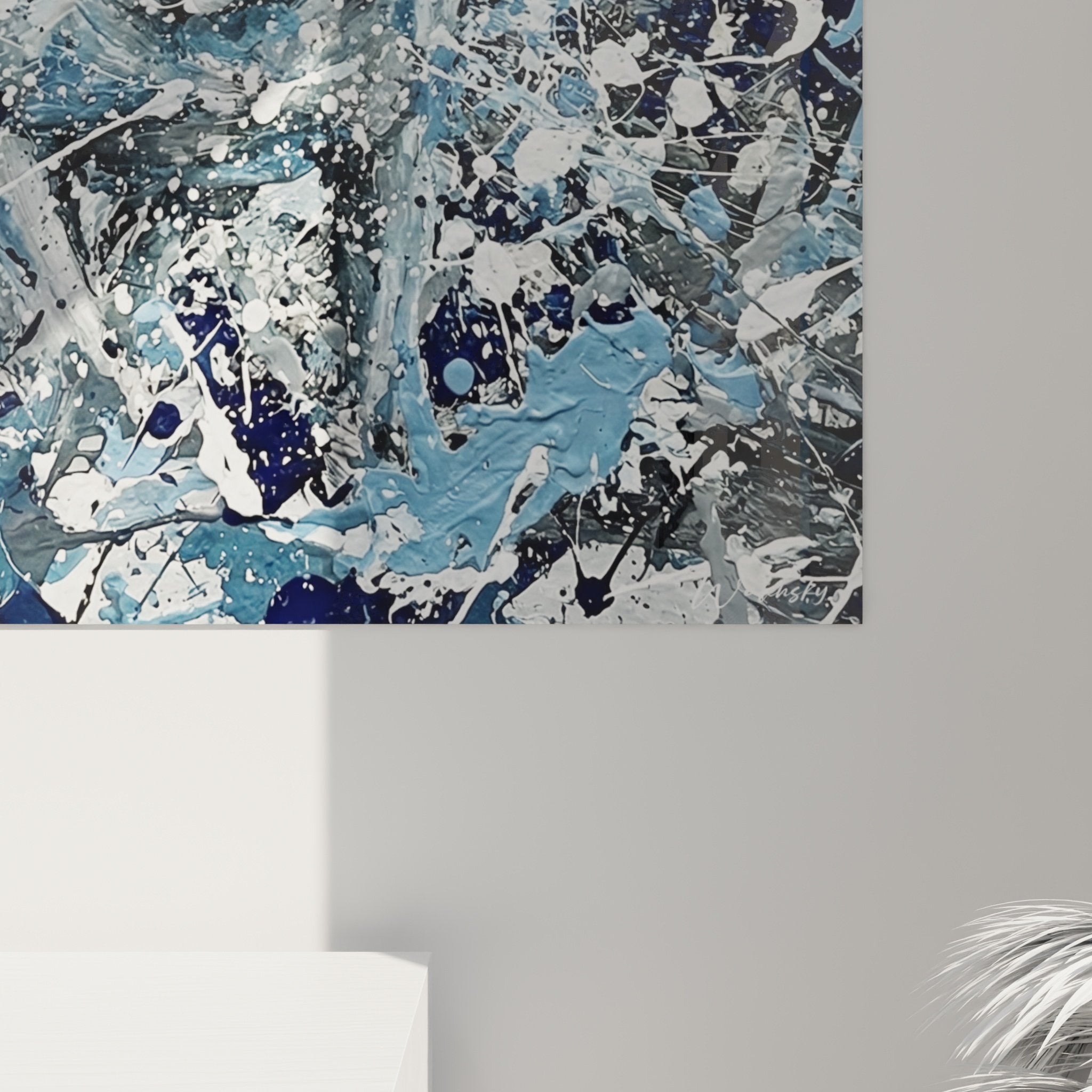 Vue ensemble tableau mural Bullmastiff expressionniste décoration intérieure art contemporain bleu blanc